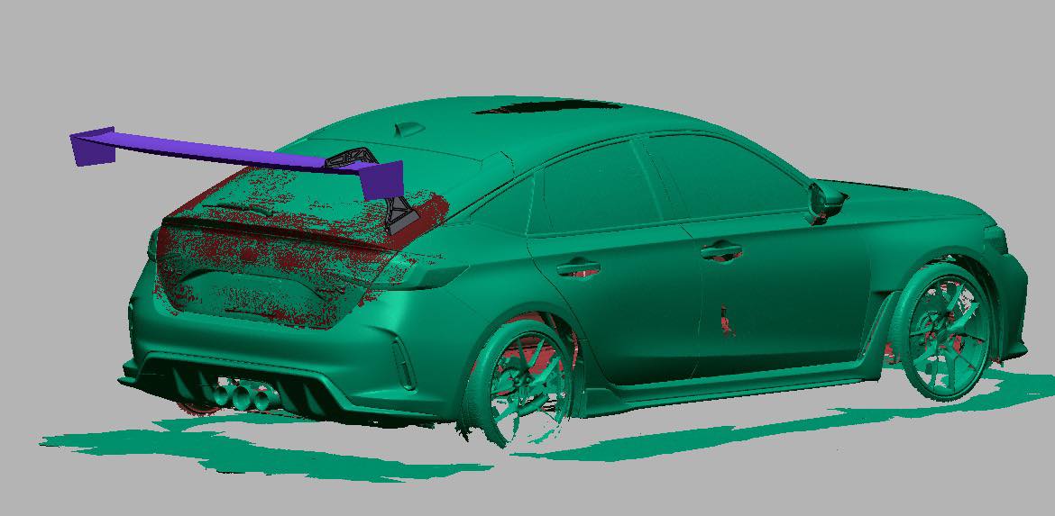 3D scan of a Civic Type R FL5 showing GT wing placement, rear three-quarter view