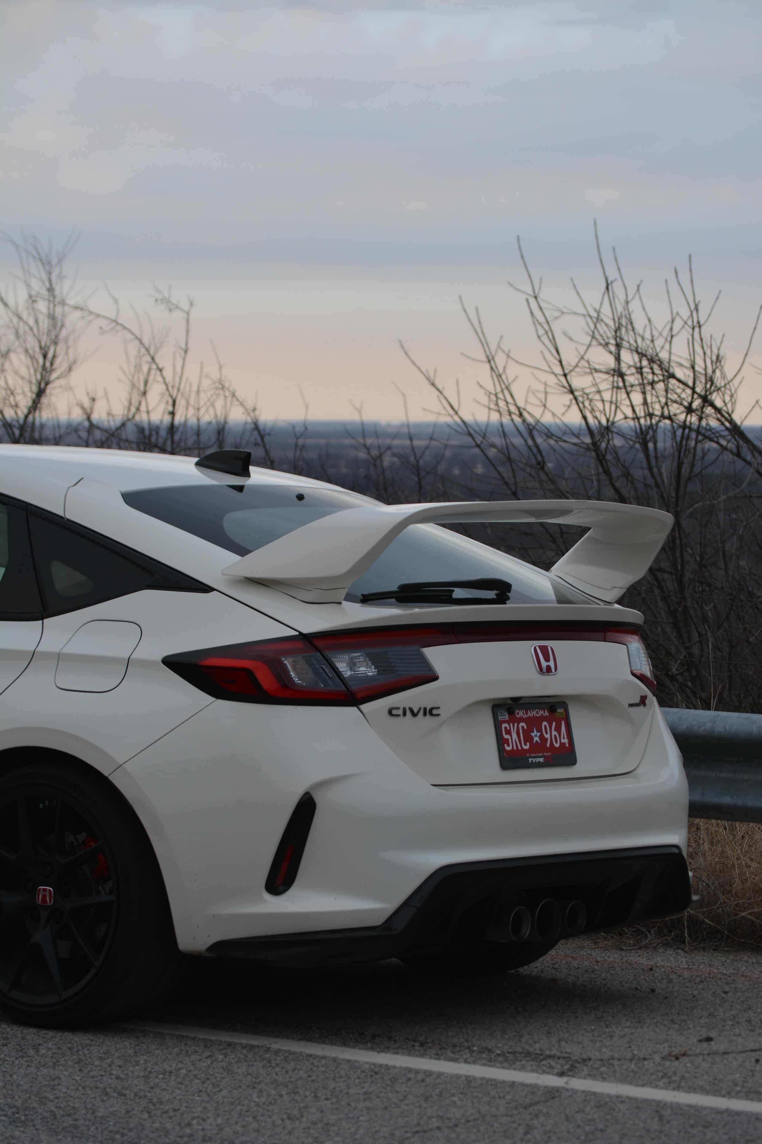 White Honda Civic Type R FL5 with the Epsilon+ Sport Wing at sunset