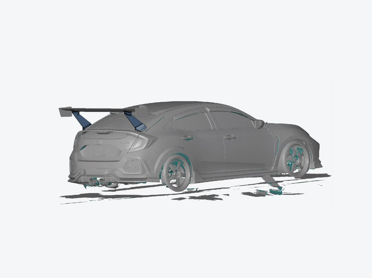 3D CAD scan of a Civic Type R with the Epsilon+ GT wing mounted, rear three-quarter angle