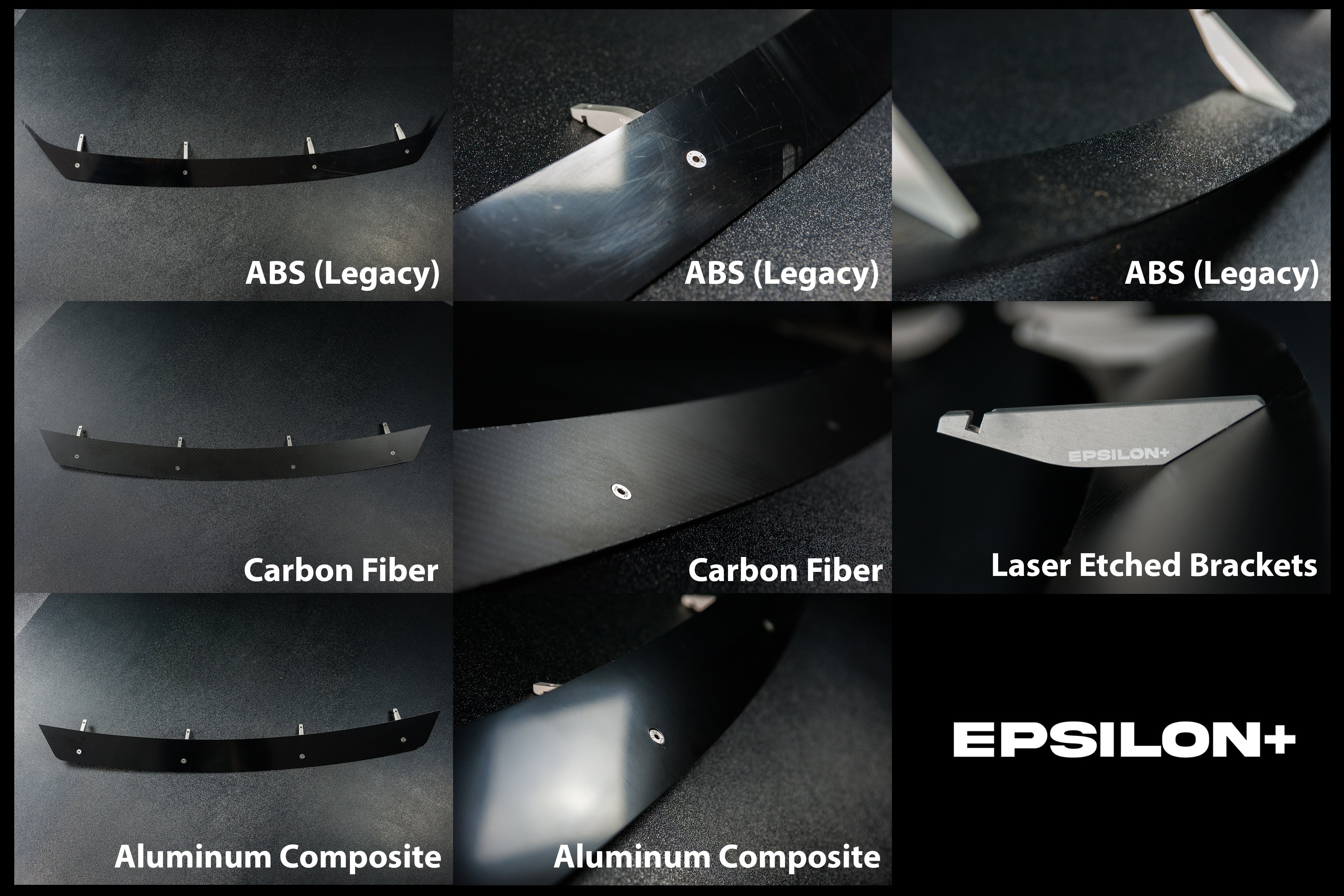 Comparison chart of spoiler extension materials: ABS, carbon fiber, and aluminum composite with laser-etched brackets