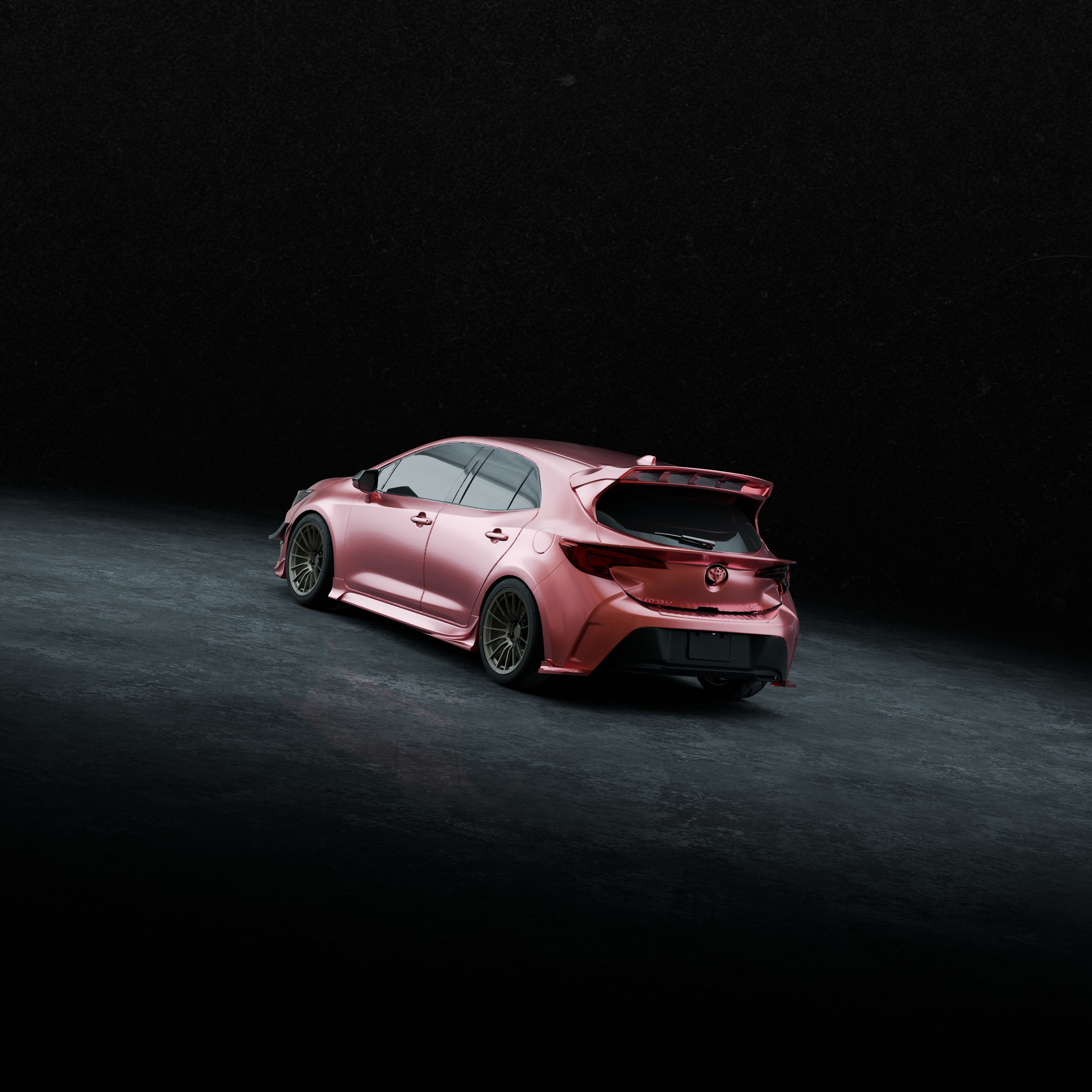 Rear three-quarter render of a pink Corolla Hatchback with a painted mid wing