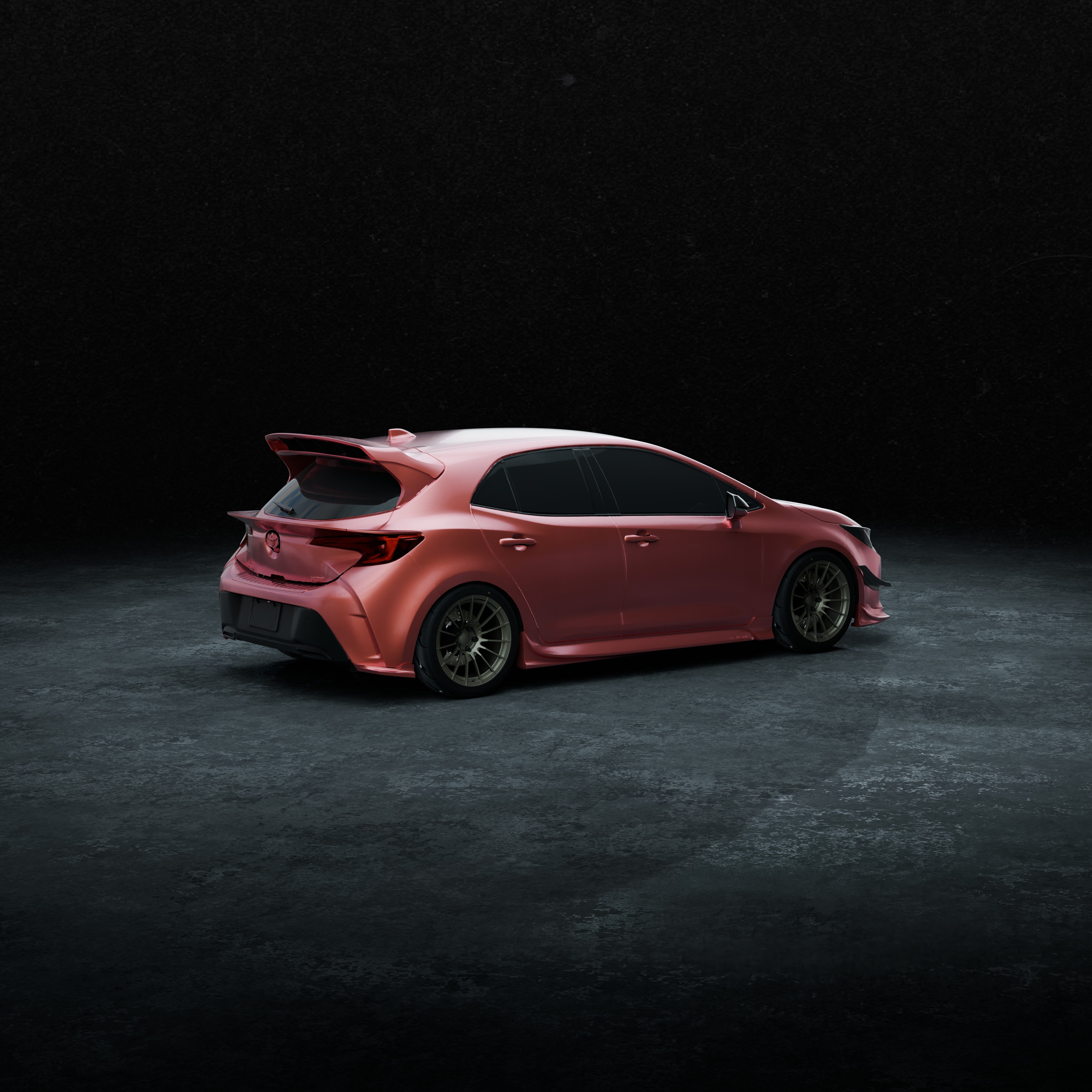 Side-rear render of a pink Corolla Hatchback with the painted Epsilon+ mid wing