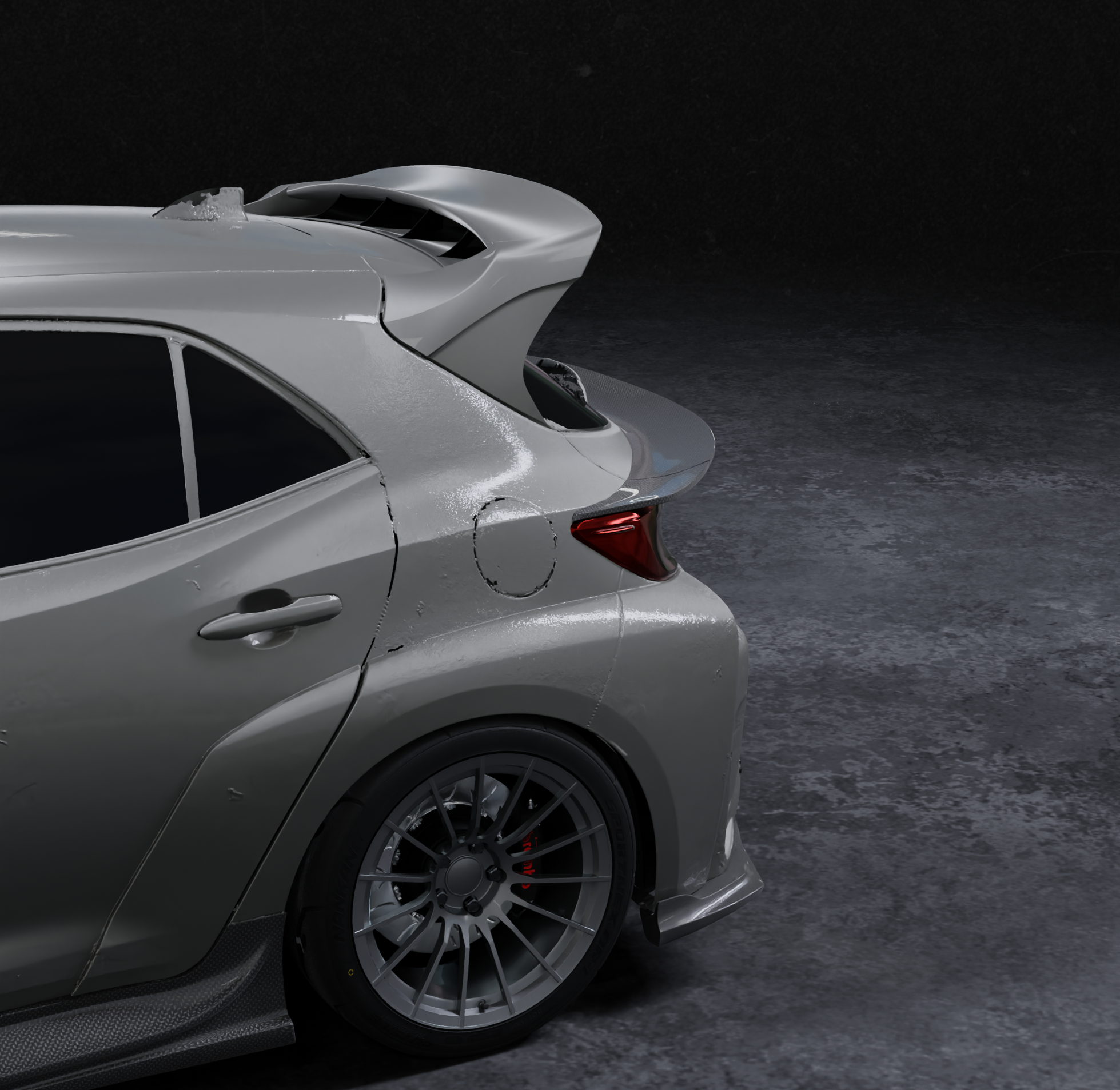 Side-rear render of a silver Corolla Hatchback showing the mid wing fitment