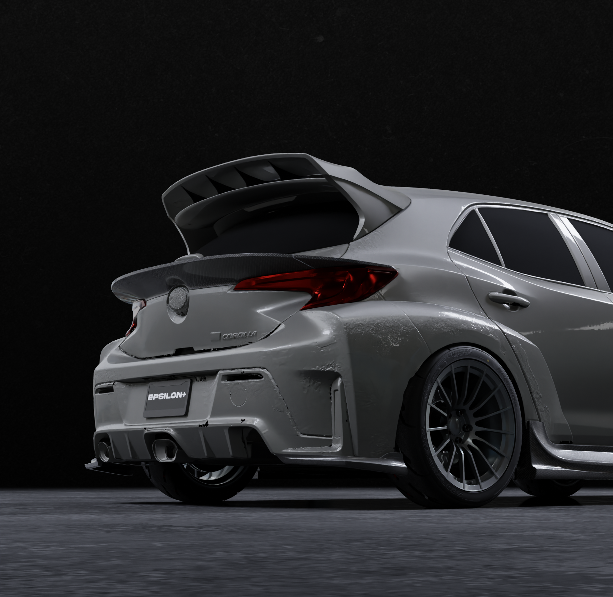 Studio render of the Epsilon+ mid wing on a silver Corolla Hatchback