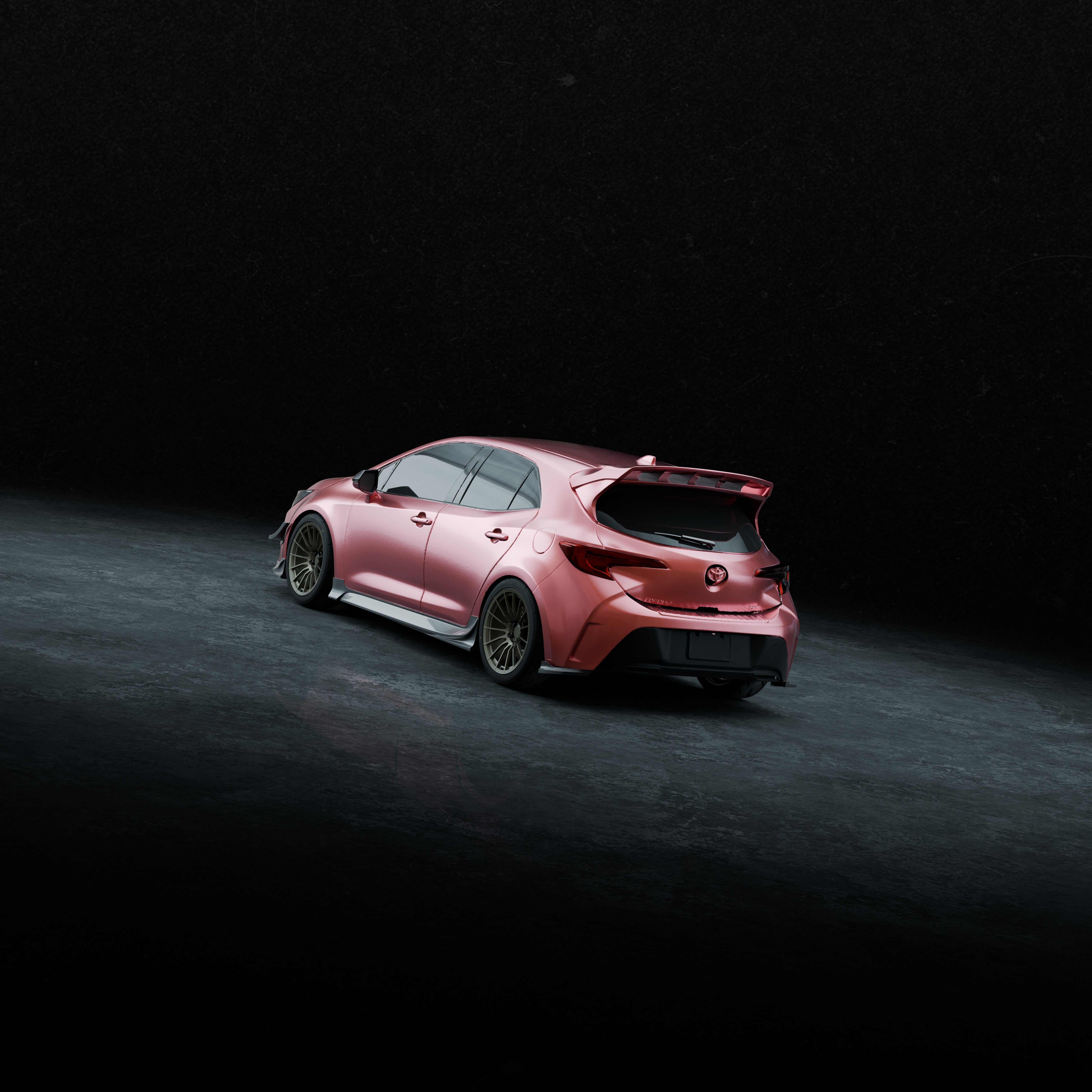 Studio render of a pink Corolla Hatchback with Epsilon+ rear spats, rear three-quarter view