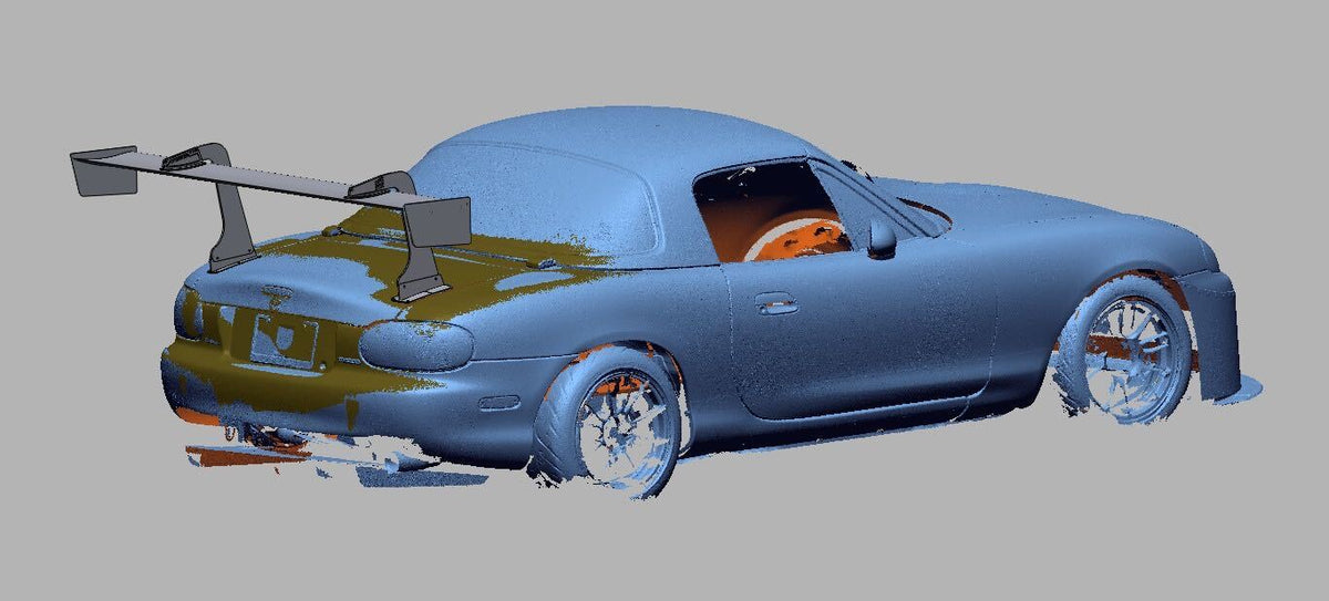 3D scan render of a Mazda Miata NB with the TC wing, passenger-side rear three-quarter view