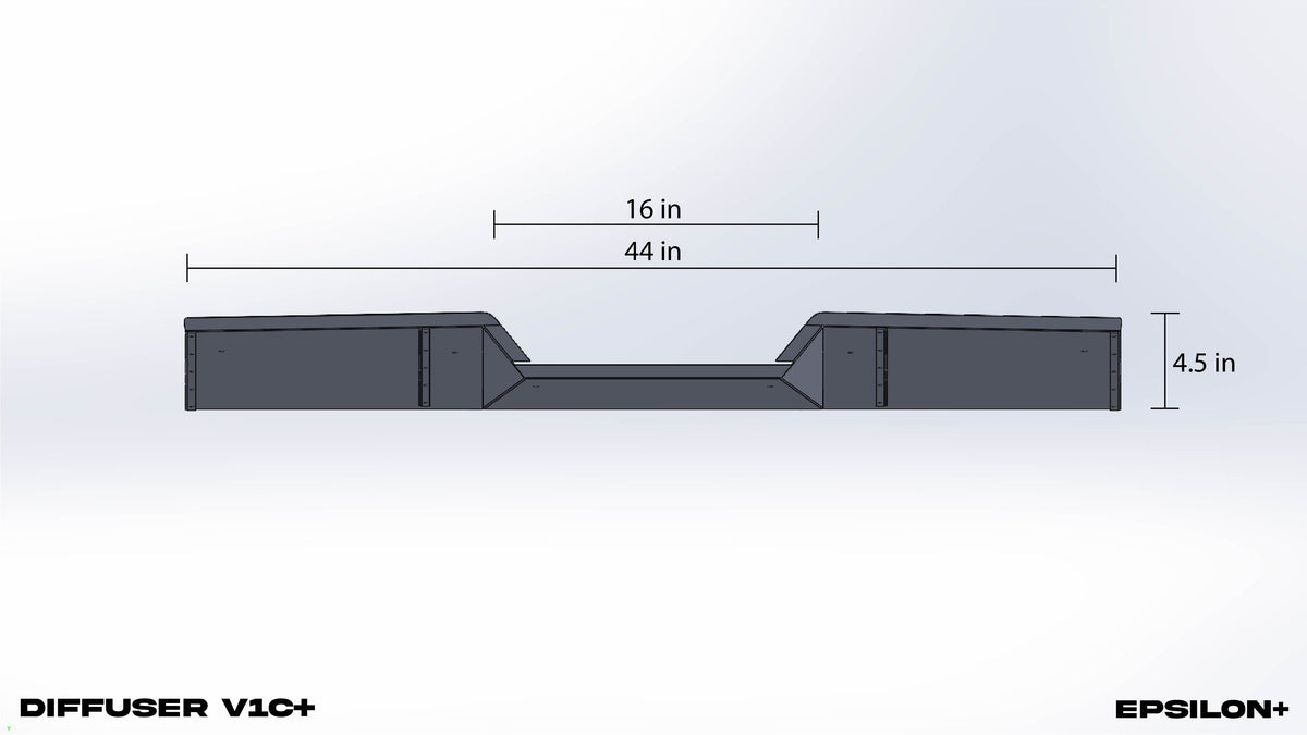 CAD rendering of the Diffuser V1C+ with width and depth dimensions labeled
