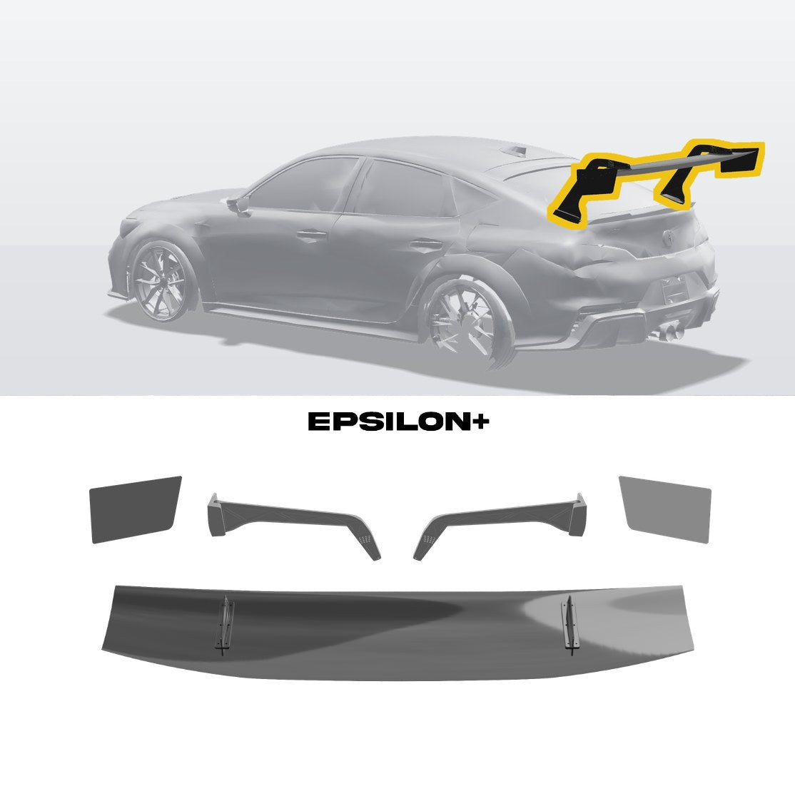 Epsilon+ GT wing for the Acura Integra Type S (DE5): a configurator render of the Integra with the wing outlined in yellow, above the kit's wing, endplates and Integra Type S swan uprights