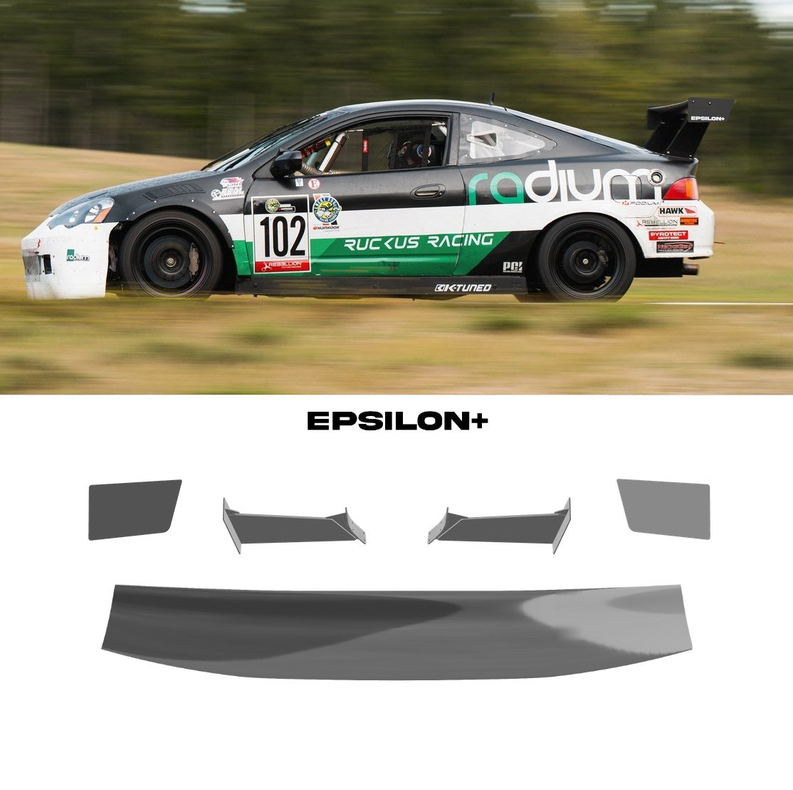 Epsilon+ GT wing for the Acura RSX (DC5): a white and black RSX race car with the bottom-mount kit, above the kit's wing, endplates, 12.5" uprights and base