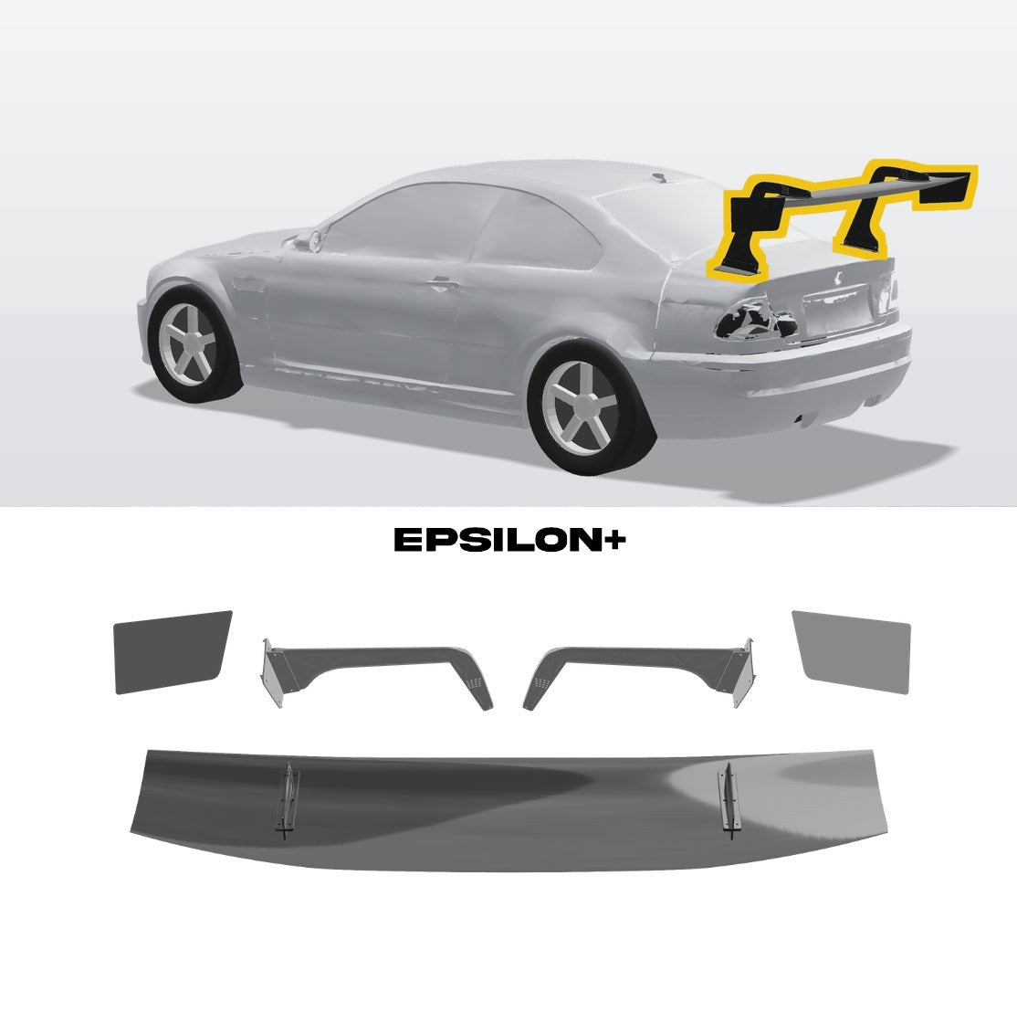 Epsilon+ GT wing for the BMW 3 Series / M3 Coupe (E46): a configurator render of the E46 M3 with the wing outlined in yellow, above the kit's wing, endplates, Type C swan uprights and base