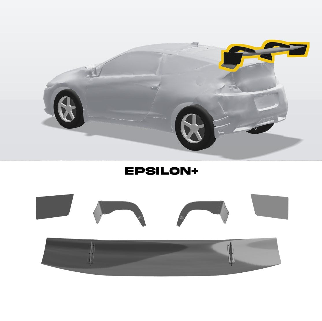 Epsilon+ GT wing for the Honda CR-Z (ZF1/ZF2): a configurator render of the CR-Z with the wing outlined in yellow, above the kit's wing, endplates and CR-Z swan uprights