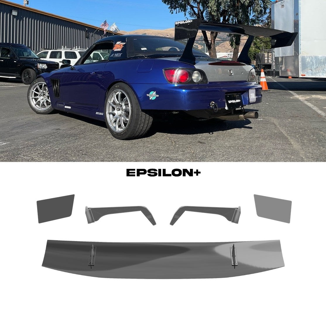 Epsilon+ GT wing for the Honda S2000 (AP1/AP2): a blue S2000 with the swan-neck kit, above the kit's wing, endplates, Type B swan uprights and CNC base