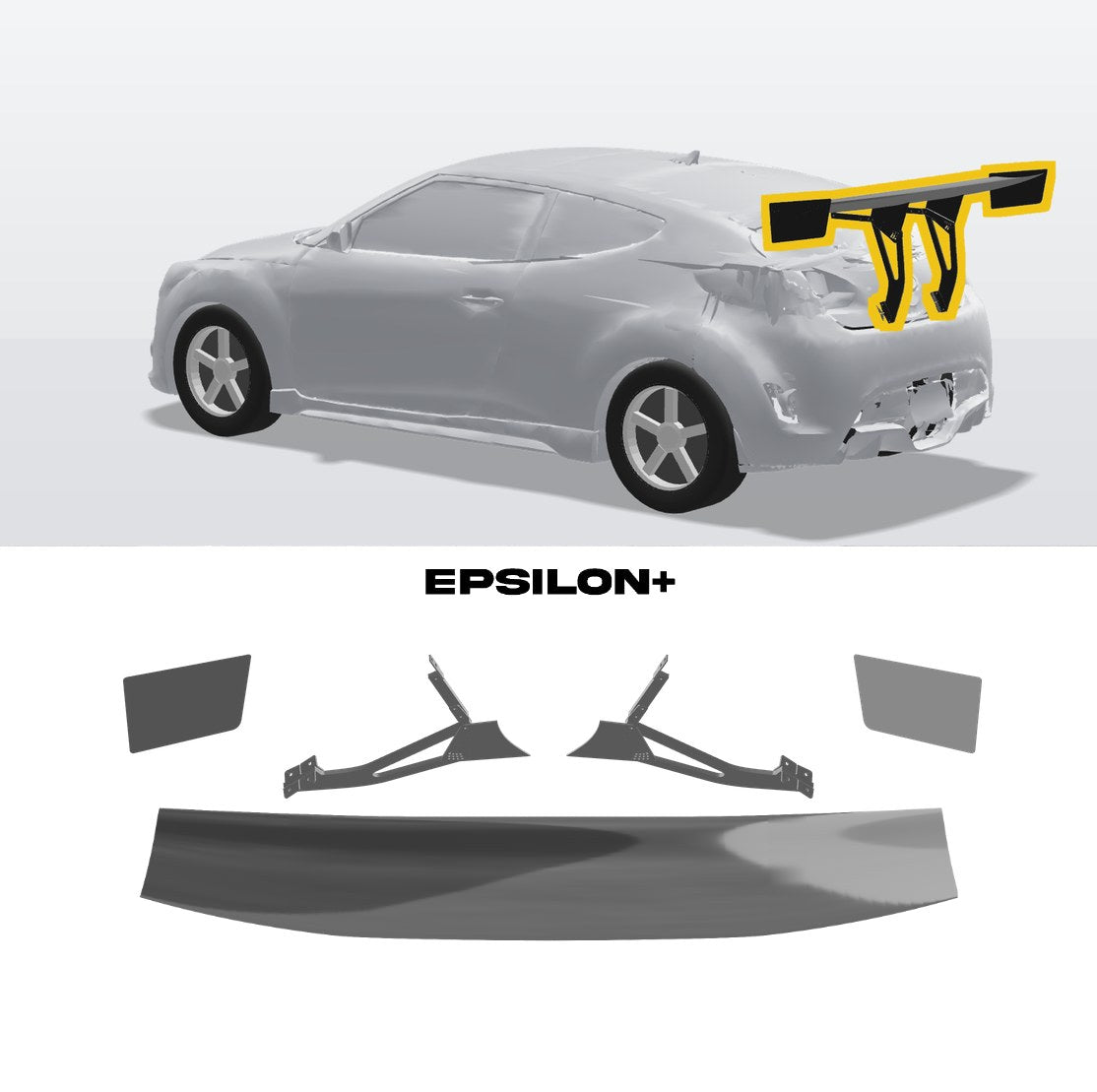 Epsilon+ GT wing for the Hyundai Veloster (FS): a configurator render of the Veloster with the wing outlined in yellow, above the kit's wing, endplates and hatchback riser uprights