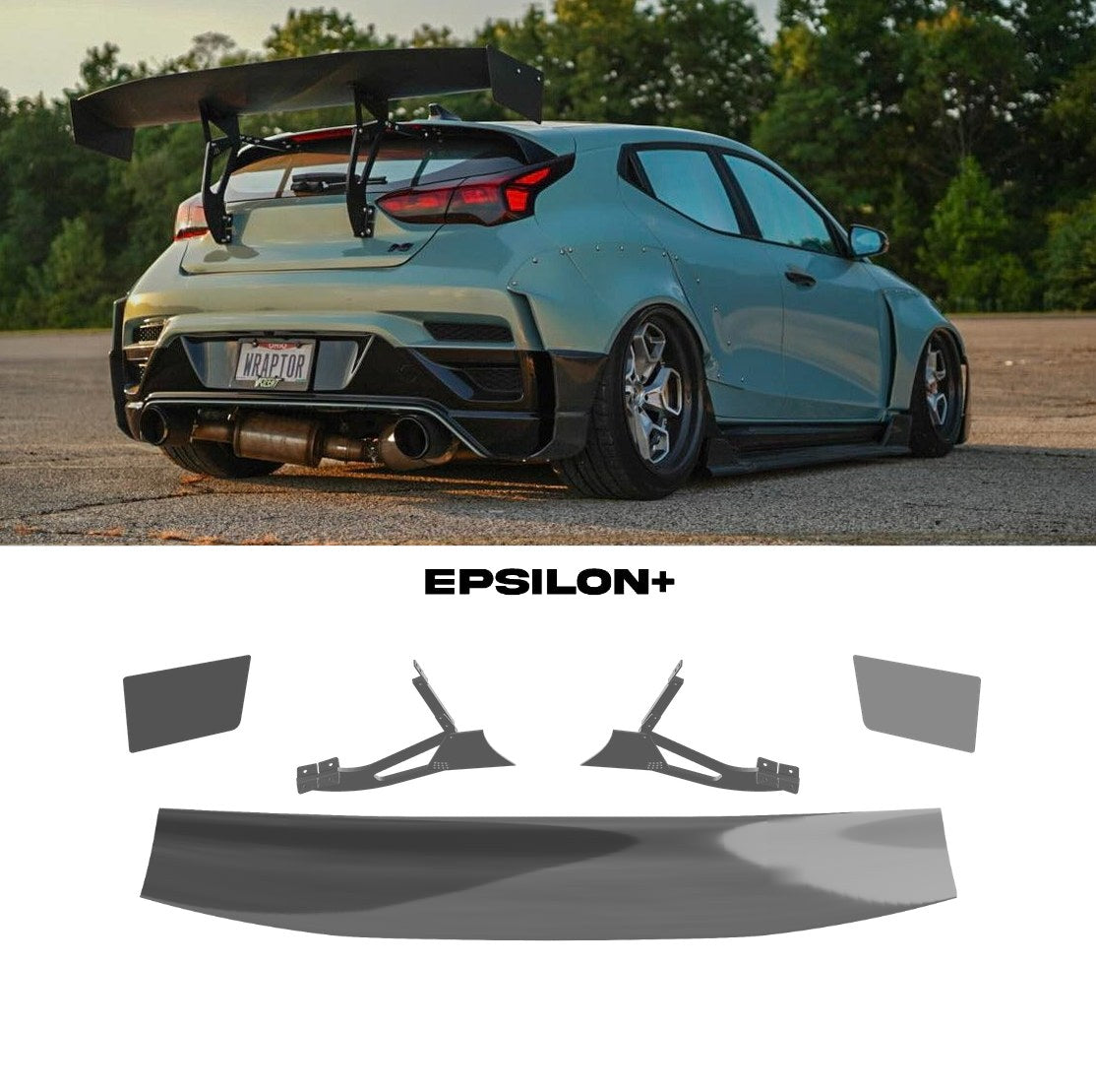Epsilon+ GT wing for the Hyundai Veloster (JS): a mint Veloster with the hatchback kit, above the kit's wing, endplates and Veloster JS hatchback uprights