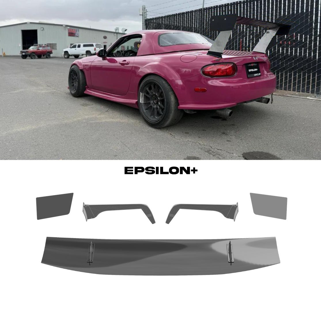 Epsilon+ GT wing for the Mazda Miata MX-5 (NC): a pink NC Miata with the swan-neck kit, above the kit's wing, endplates, Type C swan uprights and base