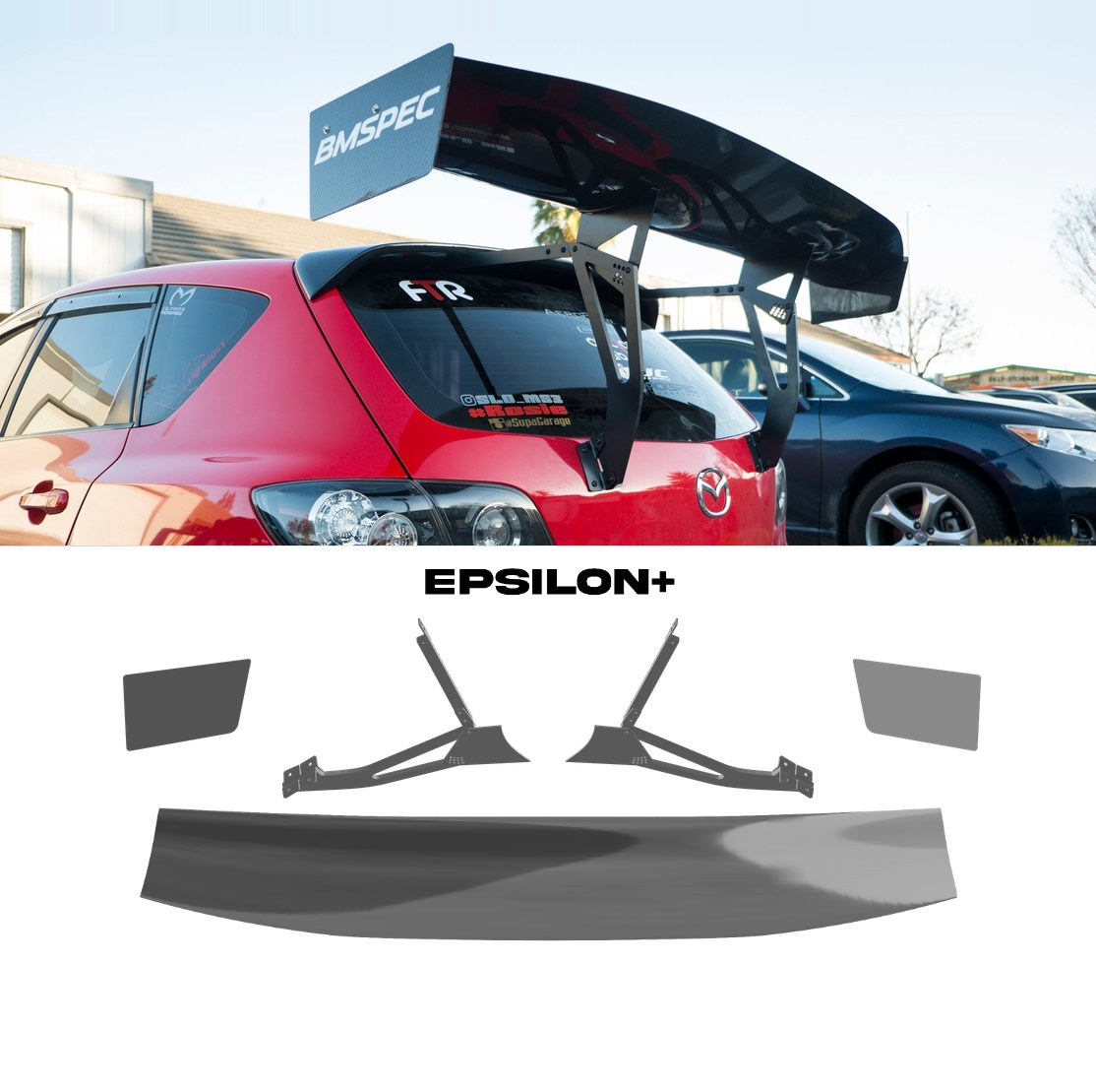 Epsilon+ GT wing for the Mazdaspeed3 Gen1 (BK): a red Mazdaspeed3 with the hatchback kit, above the kit's wing, endplates and hatchback riser uprights