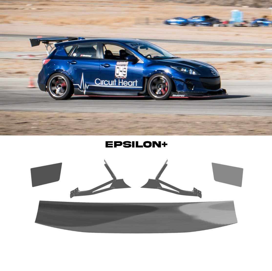 Epsilon+ GT wing for the Mazdaspeed3 Gen2 (BL): a blue Mazdaspeed3 race car with the hatchback kit, above the kit's wing, endplates and hatchback riser uprights