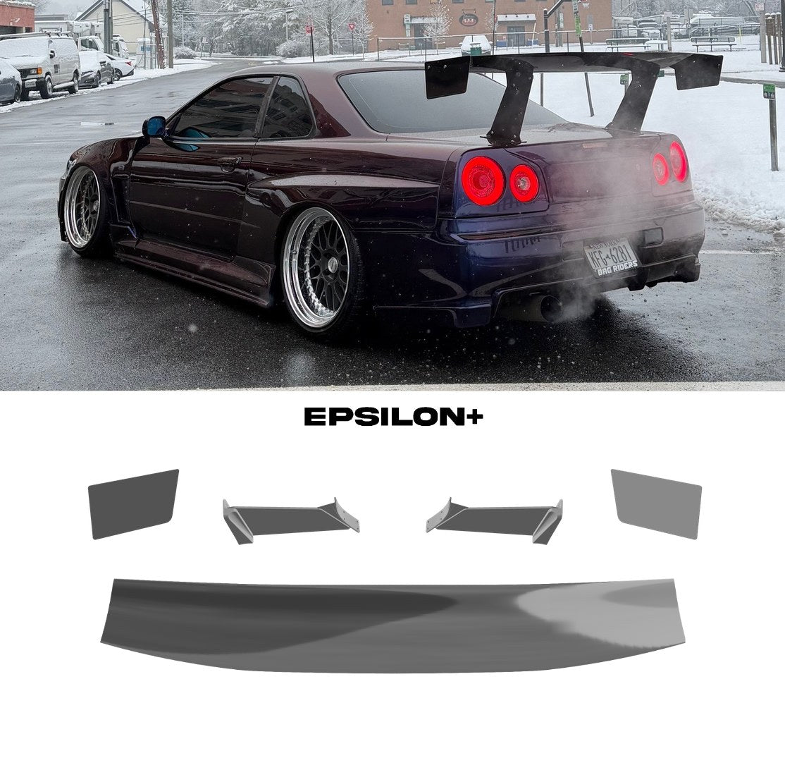 Epsilon+ GT wing for the Nissan Skyline R34 Coupe: a purple R34 with the bottom-mount kit in the snow, above the kit's wing, endplates, 11.5" uprights and R34 CNC base