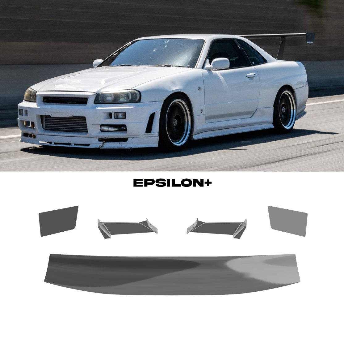 Epsilon+ GT wing for the Nissan Skyline R34 Coupe: a white R34 with the bottom-mount kit, above the kit's wing, endplates, 11.5" uprights and R34 CNC base