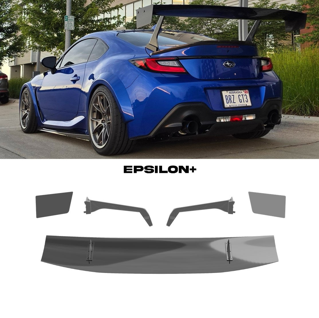Epsilon+ GT wing for the Subaru BRZ / Toyota GR86 (ZN8): a blue BRZ on swan neck mounts, and the kit's wing, endplates and Type A swan uprights