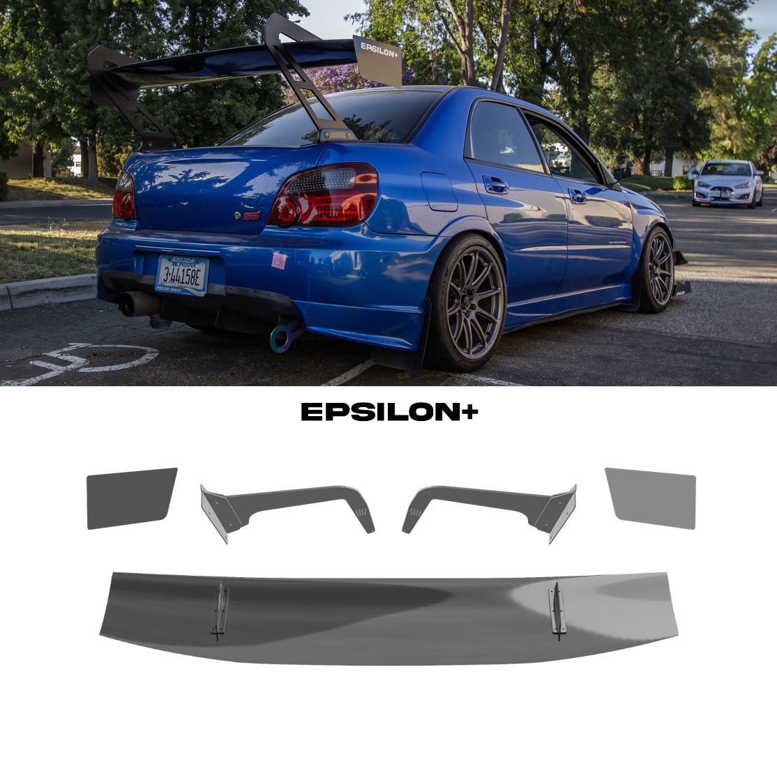 Epsilon+ GT wing for the Subaru Impreza (GD): a blue Impreza STI with the swan-neck kit, above the kit's wing, endplates, GD STI swan uprights and base