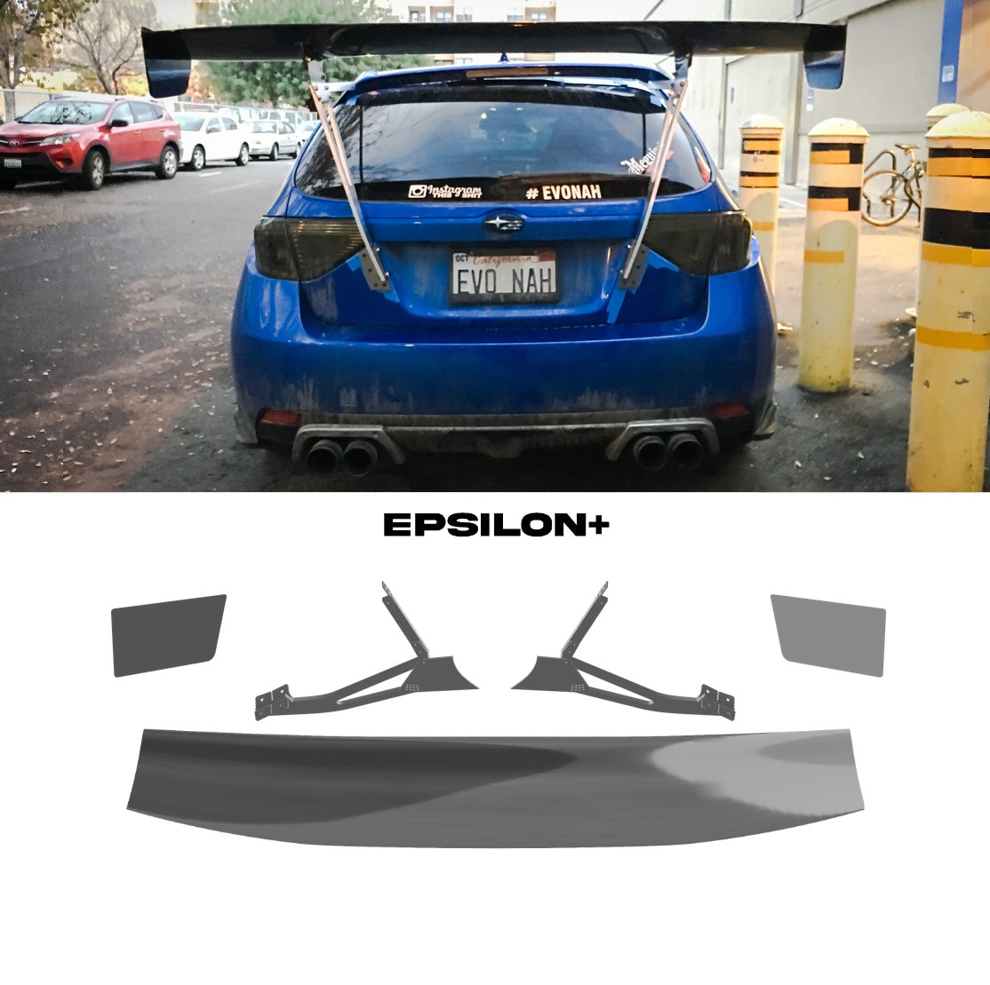Epsilon+ GT wing for the Subaru Impreza Hatchback (GR): a blue Impreza hatch with the hatchback kit, above the kit's wing, endplates and hatchback riser uprights