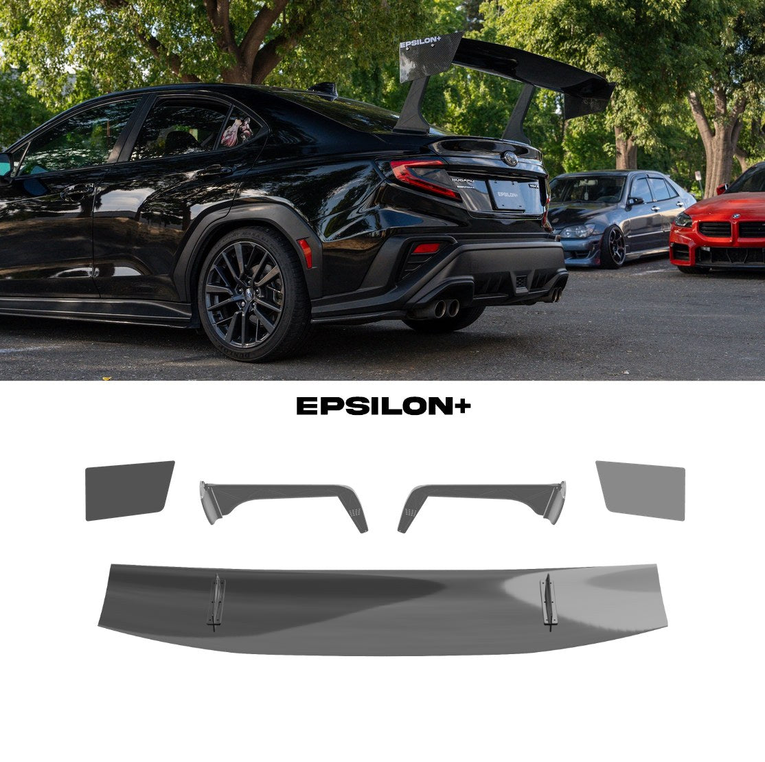 Epsilon+ GT wing for the Subaru WRX (VB): a black WRX with the swan-neck kit, above the kit's wing, endplates, Type C swan uprights and CNC base