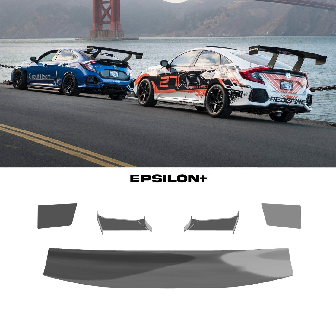 Epsilon+ GT wing, universal sedan fitment: two Honda Civics with GT wings by the Golden Gate Bridge, above the kit's wing, endplates, 11.5" bottom-mount uprights and generic sedan base
