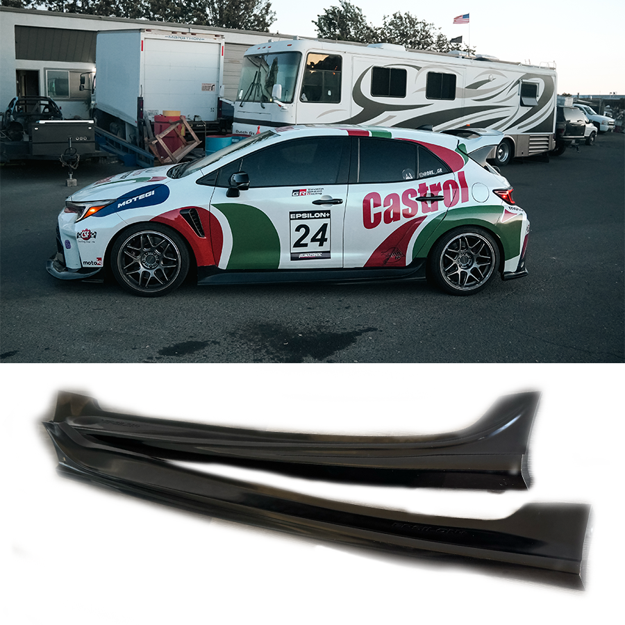Epsilon+ Side Skirts V2 on a Castrol-liveried GR Corolla race car, shown with the standalone skirt pair below
