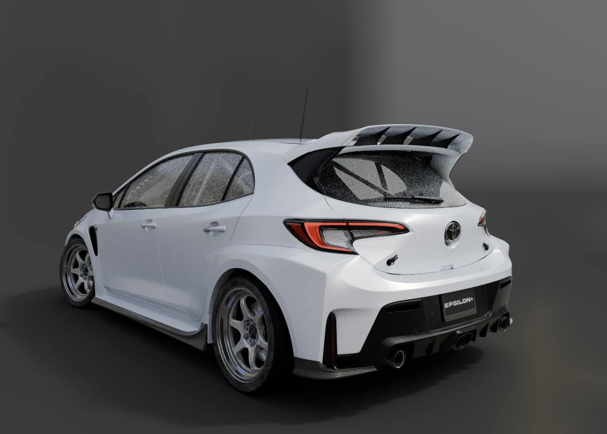 Close-up of the WRC Wing Strakes V2 on the wing roofline of a white GR Corolla