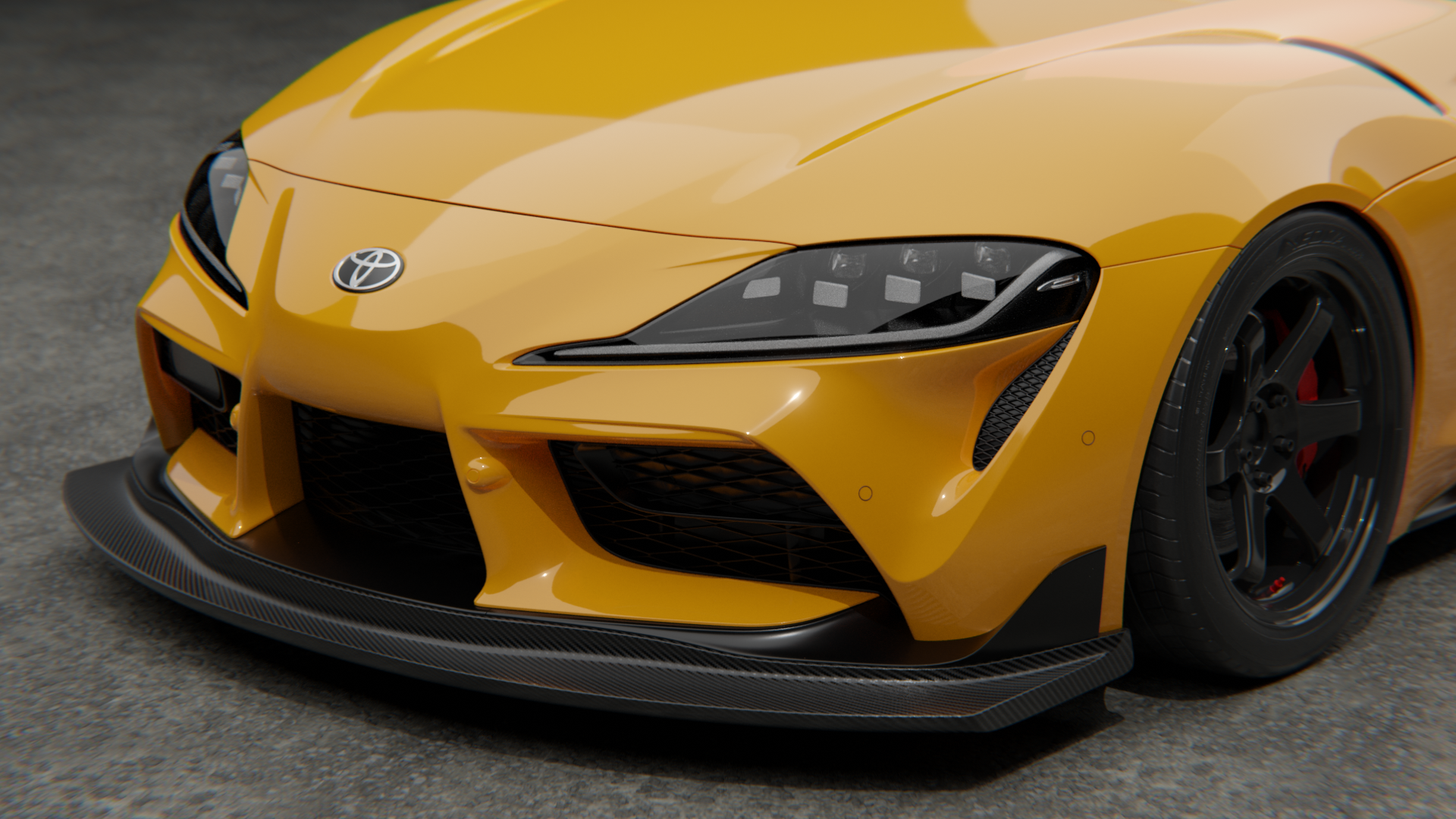 Studio render of the GT4-spec front lip on a yellow Toyota GR Supra