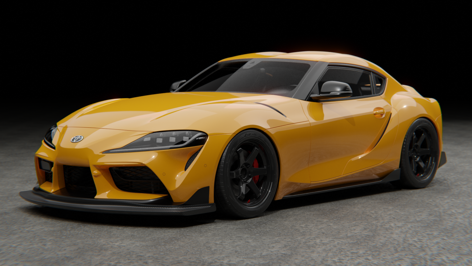 Front three-quarter studio render of a yellow GR Supra with GT4-spec front lip