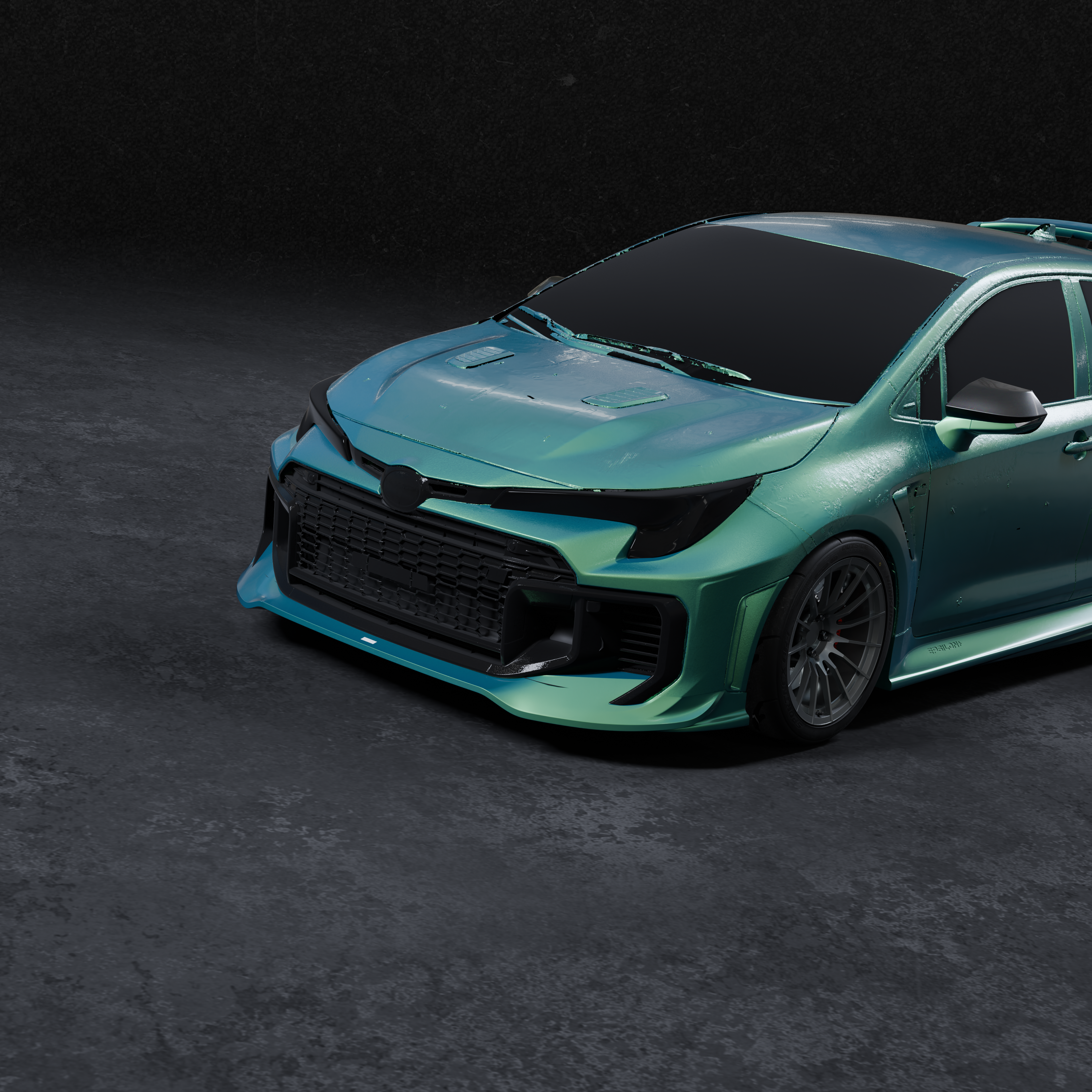 Front three-quarter 3D render of a teal GR Corolla Kouki with fully painted front lip