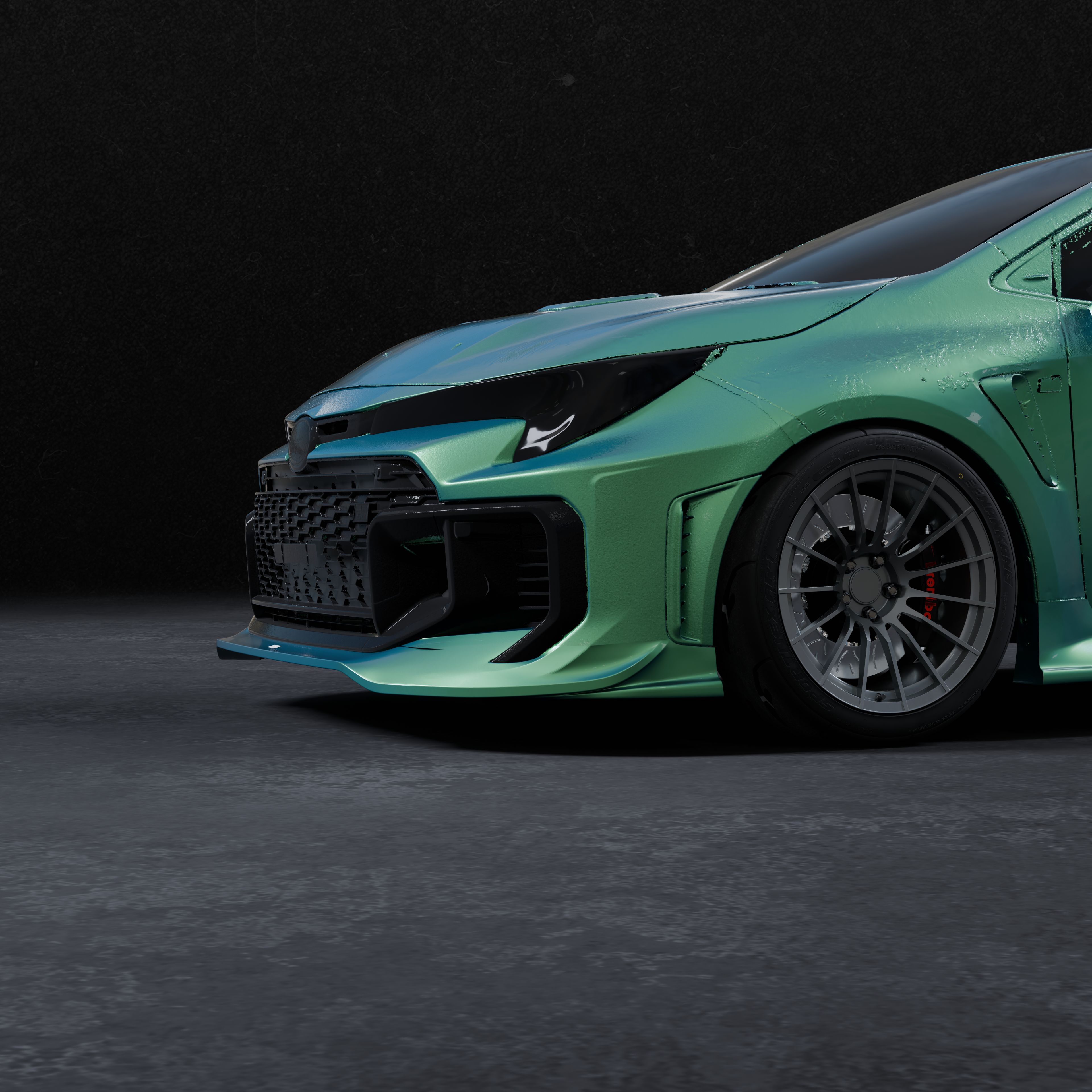 Front three-quarter close-up 3D render of a teal GR Corolla Kouki with fully painted front lip