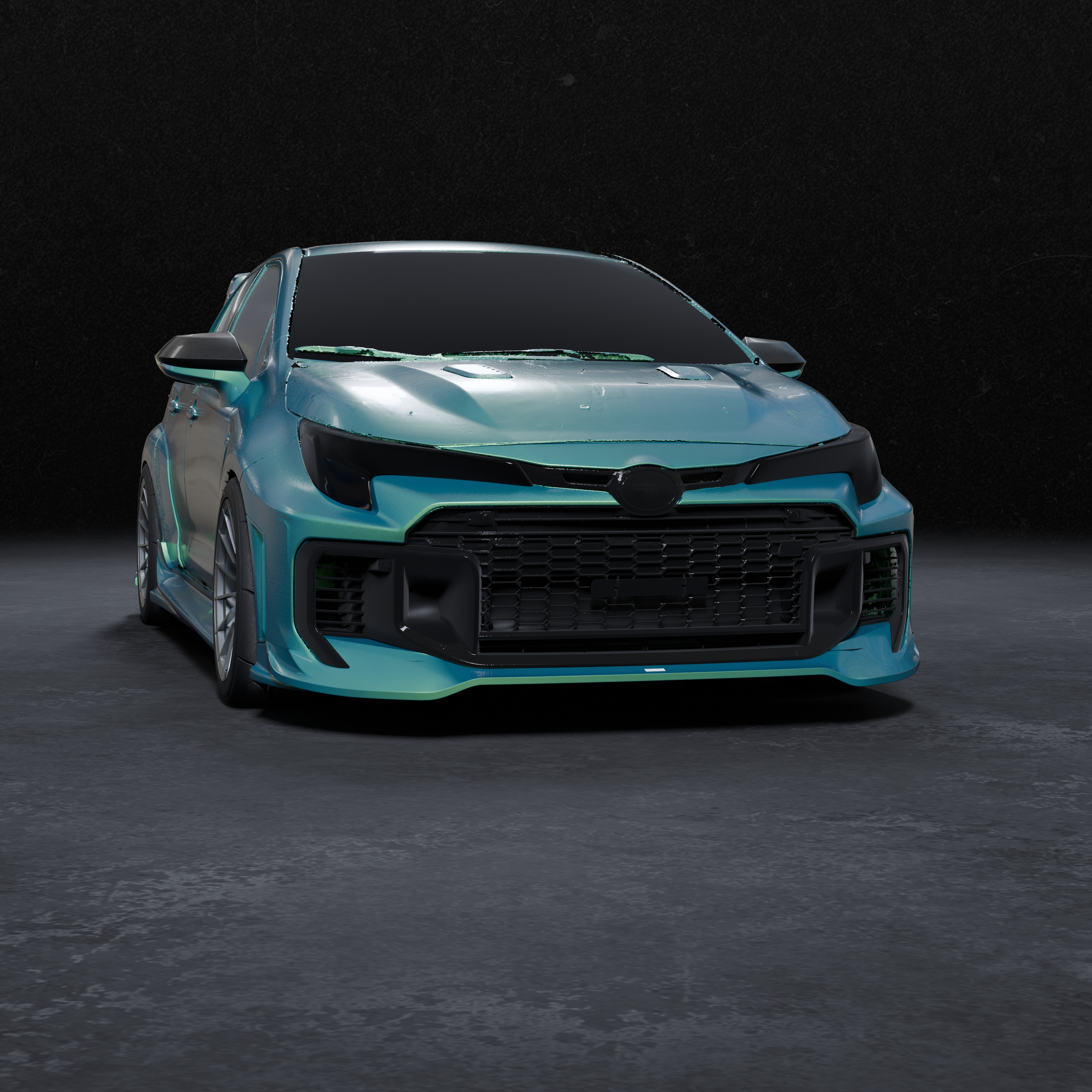 Side 3D render of a teal GR Corolla Kouki showing the fully painted front lip fitment