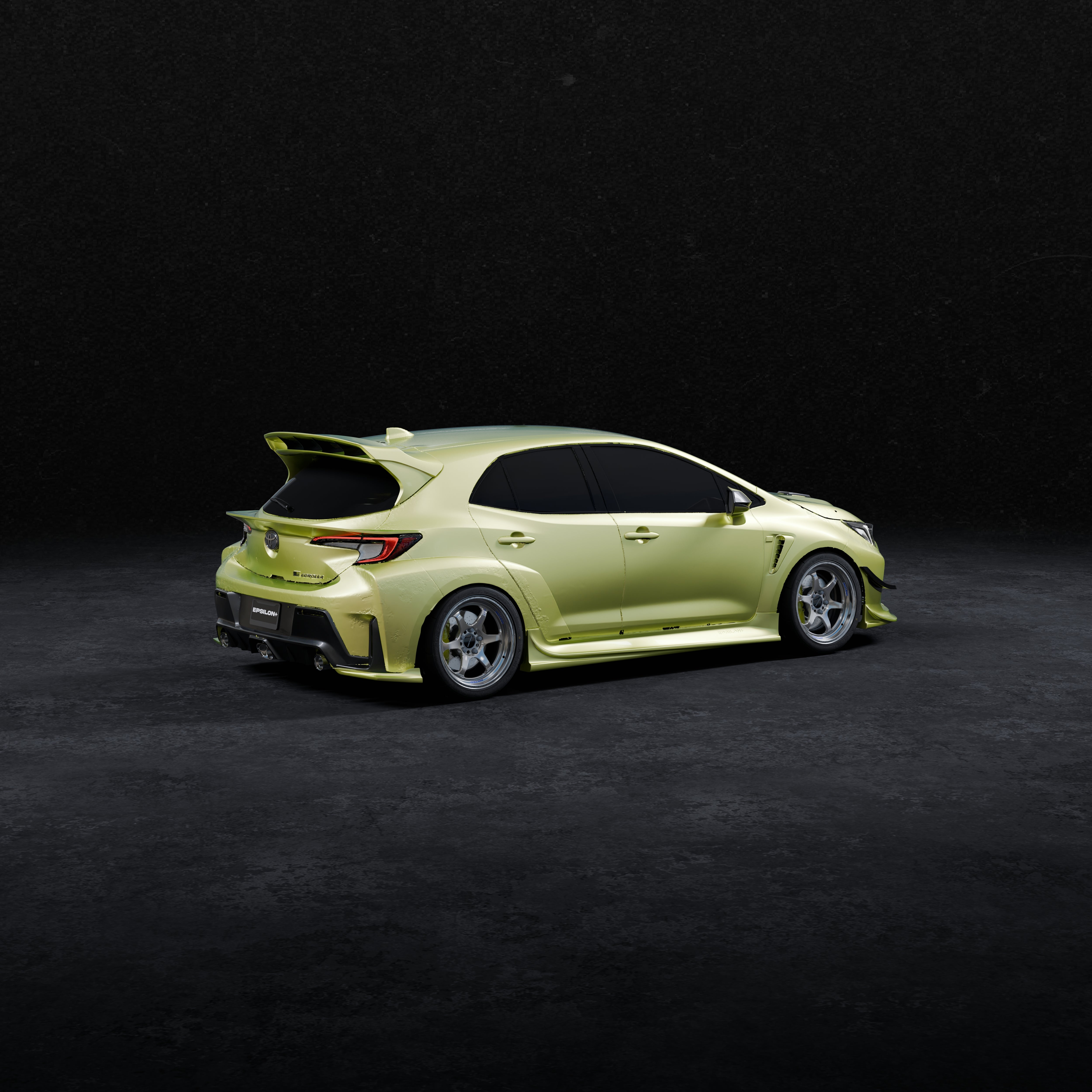 Side 3D render of a lime green GR Corolla with rear spats V2 fitment