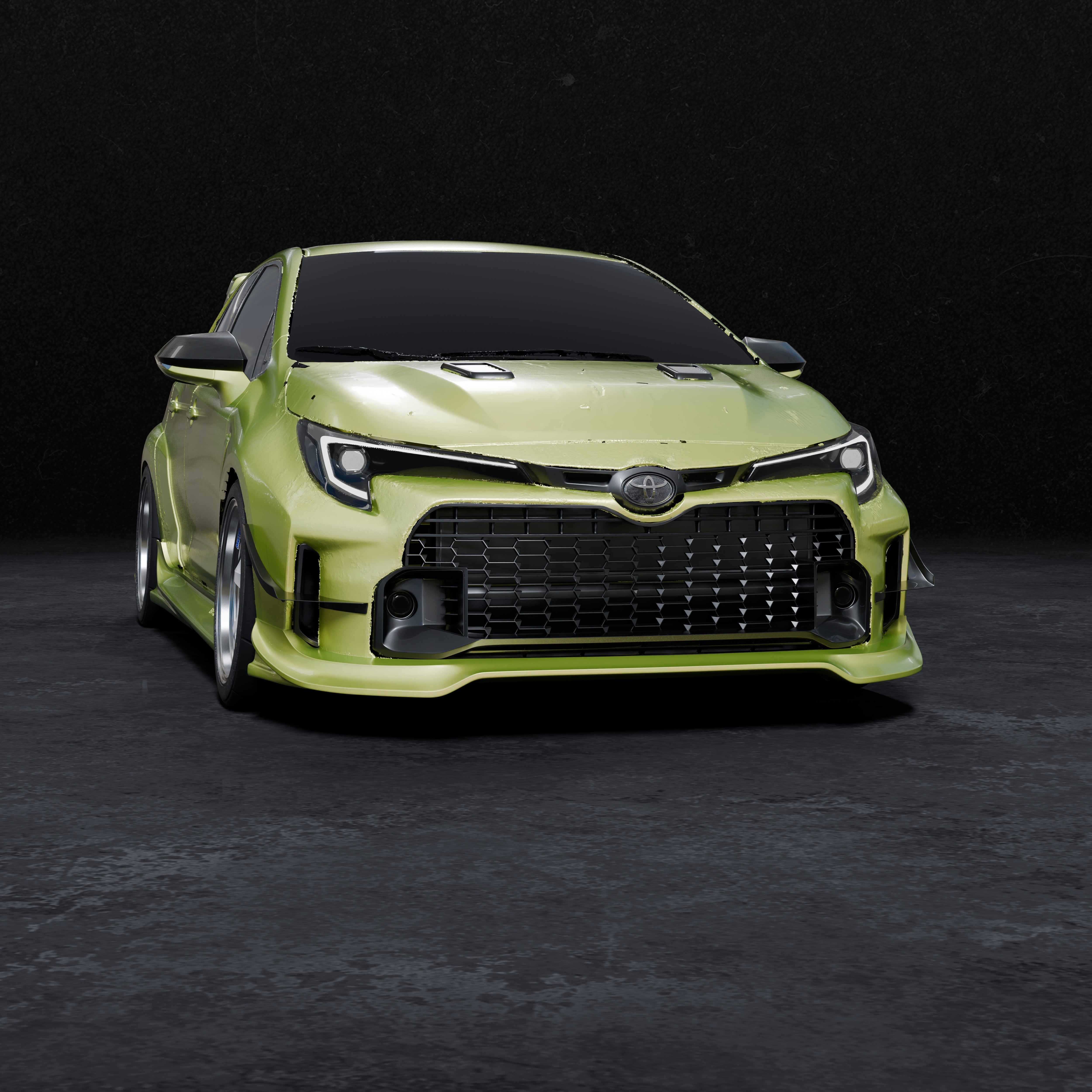Front-on 3D render of a lime green GR Corolla with front lip V2