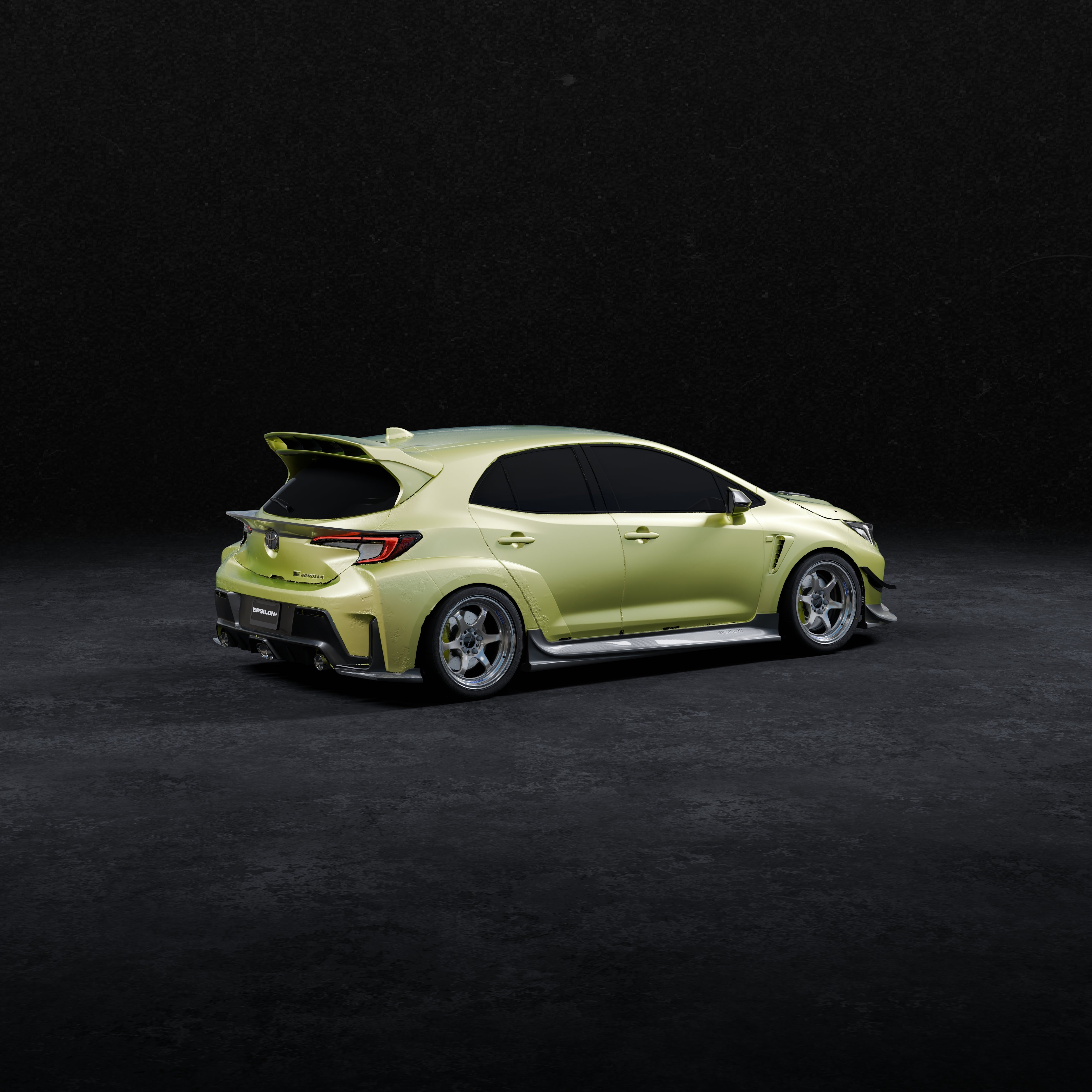 Rear 3D render of a lime green GR Corolla showing rear spats V2 fitment