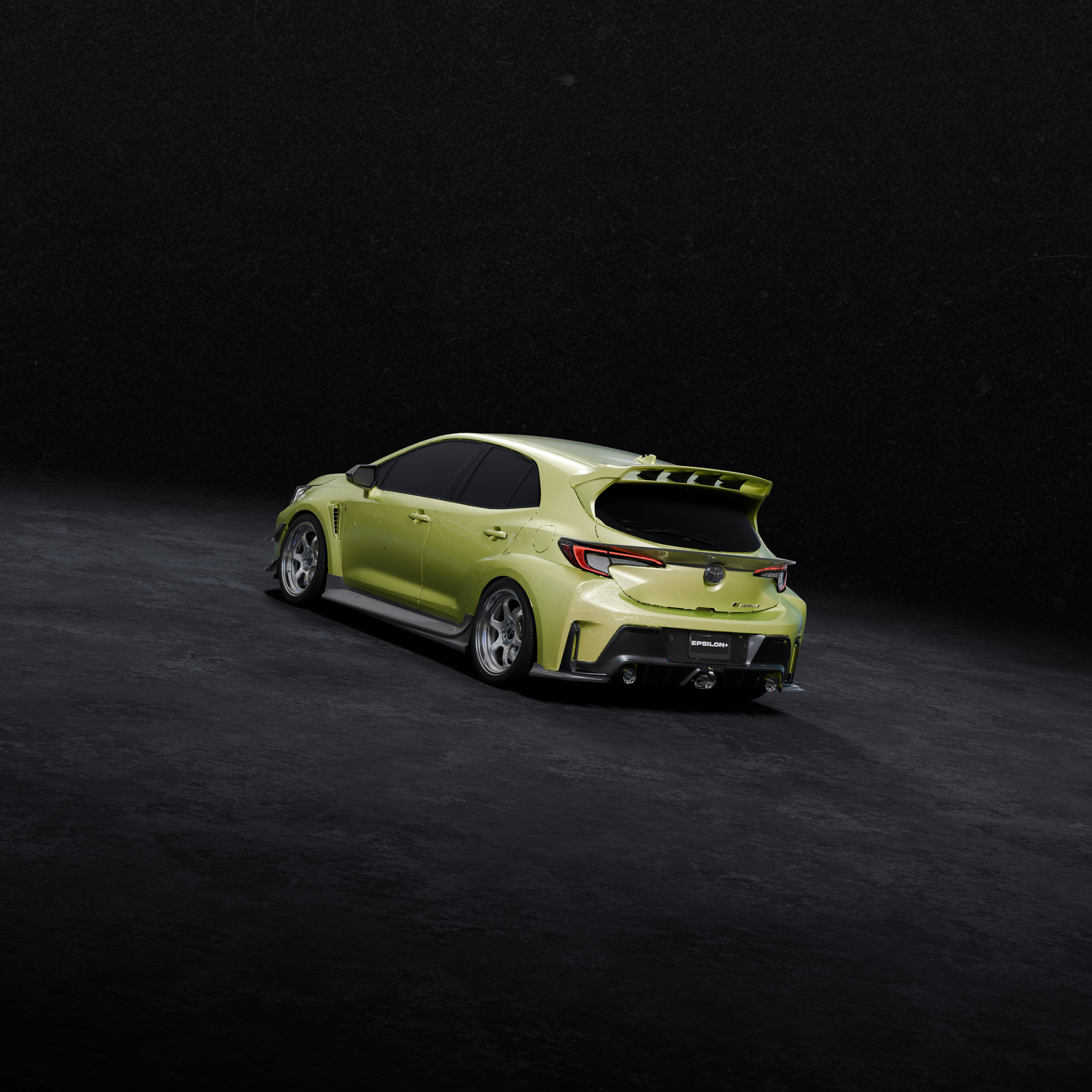 Front three-quarter 3D render of a lime green GR Corolla with rear spats V2
