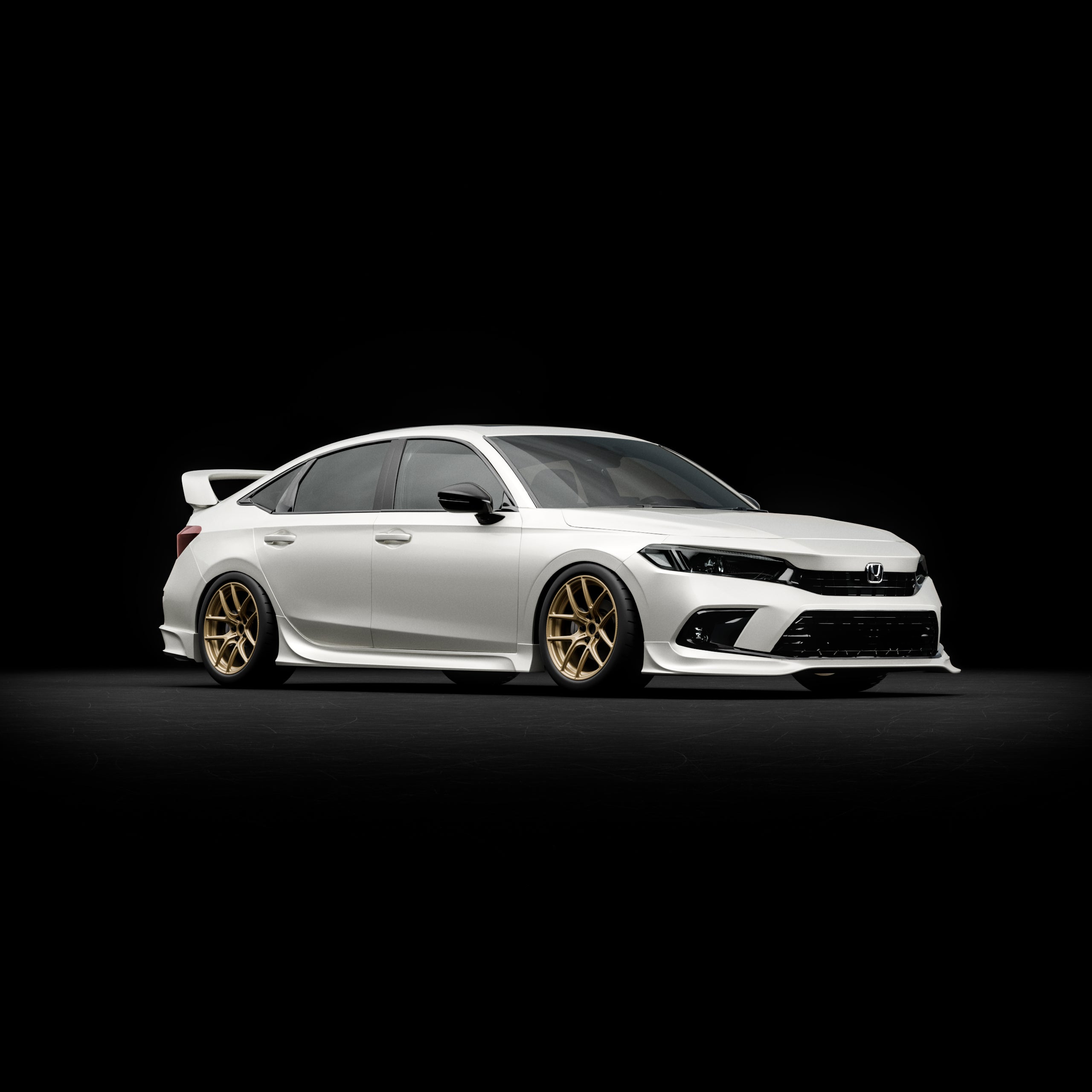 Studio side profile render of a white Honda Civic FE with the Epsilon+ aero kit