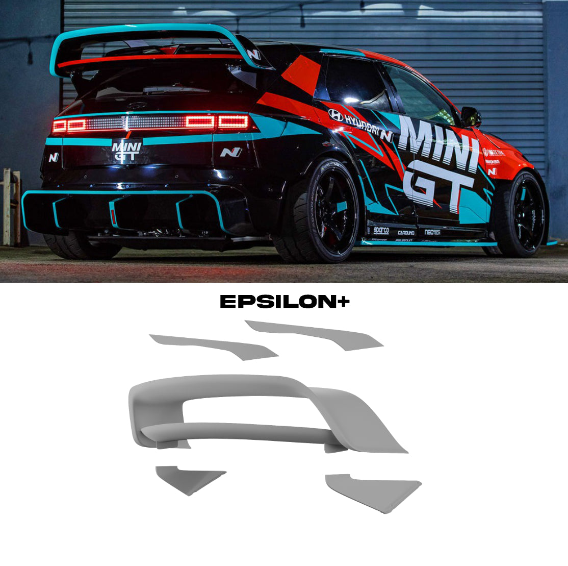 Epsilon+ R1 carbon fiber rear wing fitted to a Hyundai Ioniq 5N, shown with a diagram of the double-decker wing components