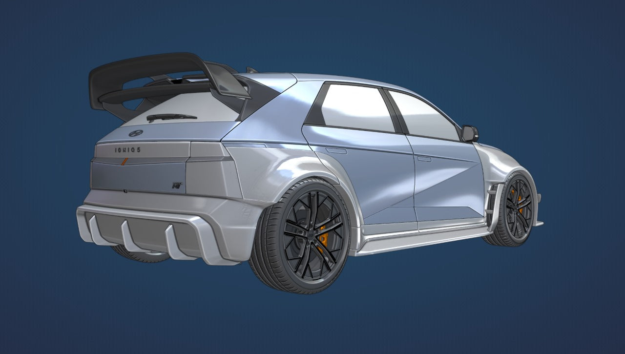 Hyundai Ioniq 5N with Epsilon+ R1 double-decker carbon fiber rear wing, CAD render rear three-quarter view