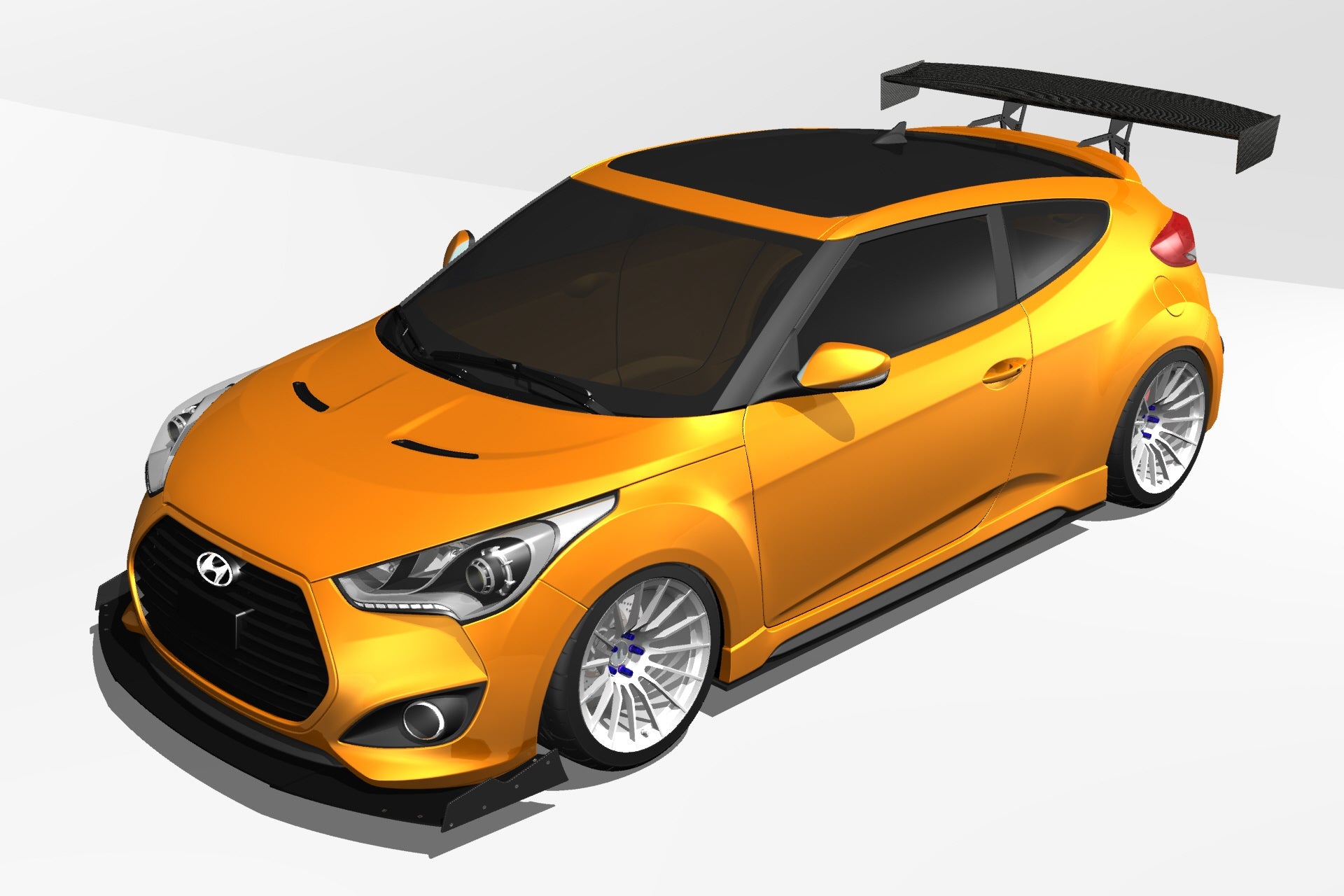 Front three-quarter 3D render of an orange Hyundai Veloster with GT wing fitment