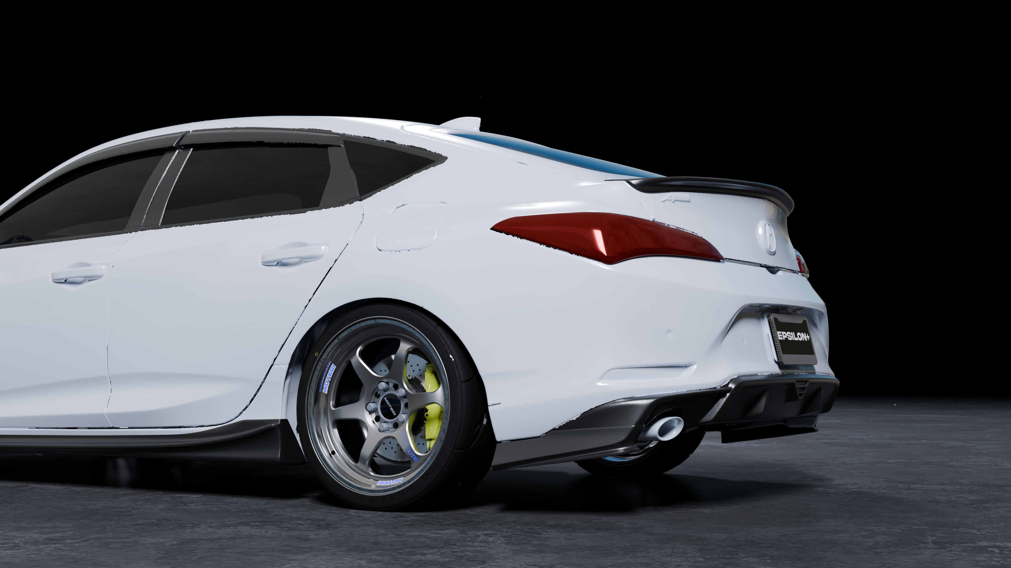 Studio render of a white Acura Integra with the Epsilon+ rear trunk lip