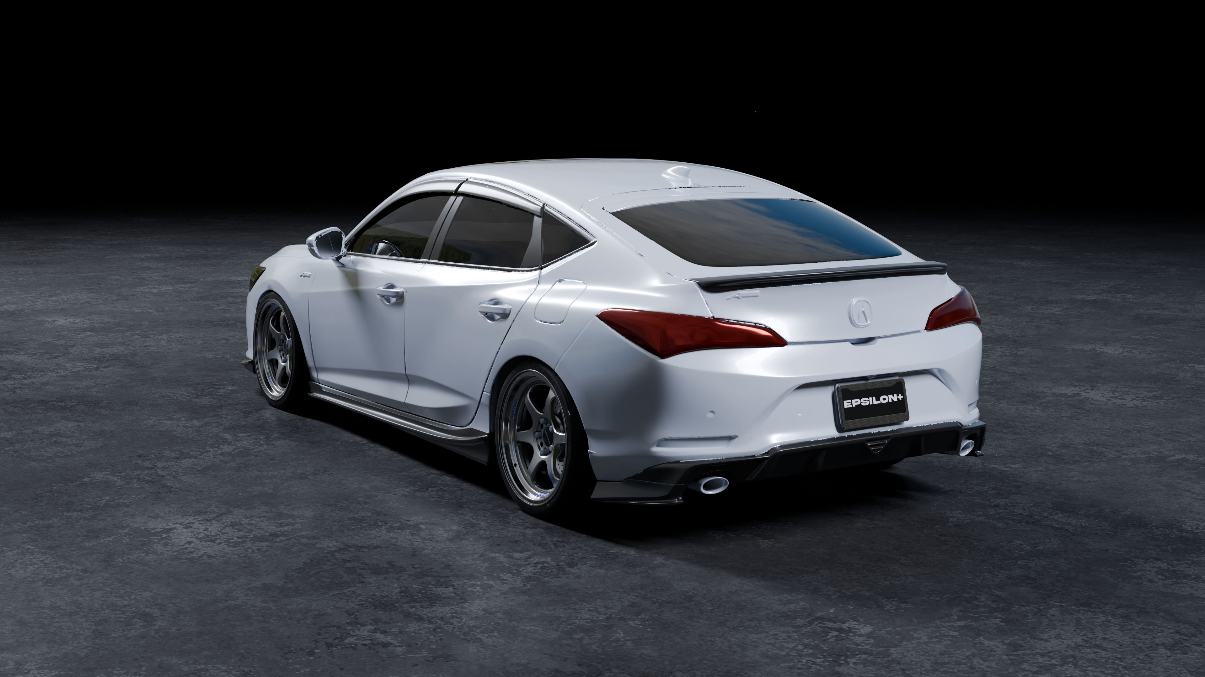 Studio render of a white Acura Integra fitted with the Epsilon+ rear trunk lip