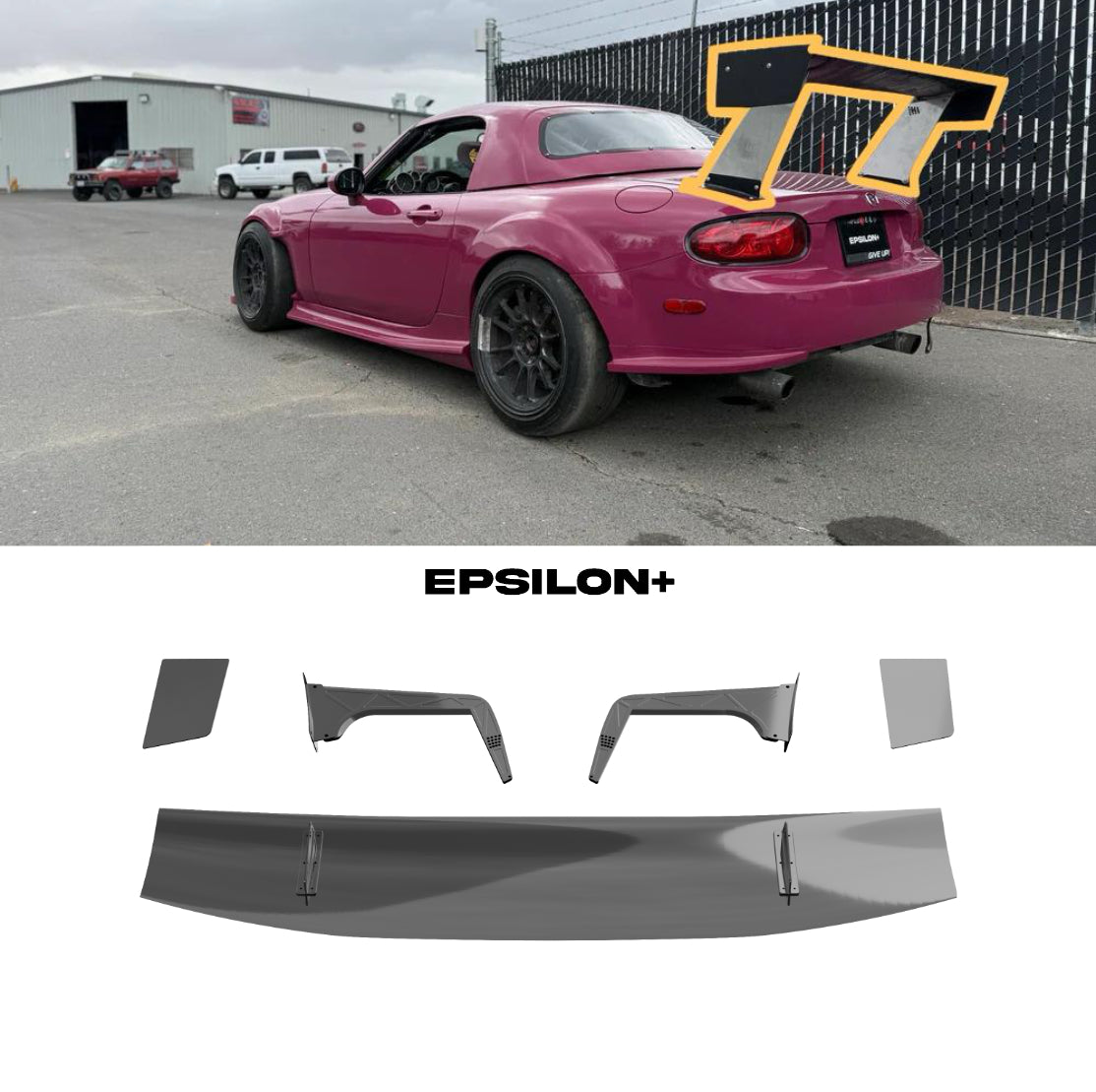 Epsilon+ GT wing for the Mazda MX-5 Miata NC shown fitted and as separate components