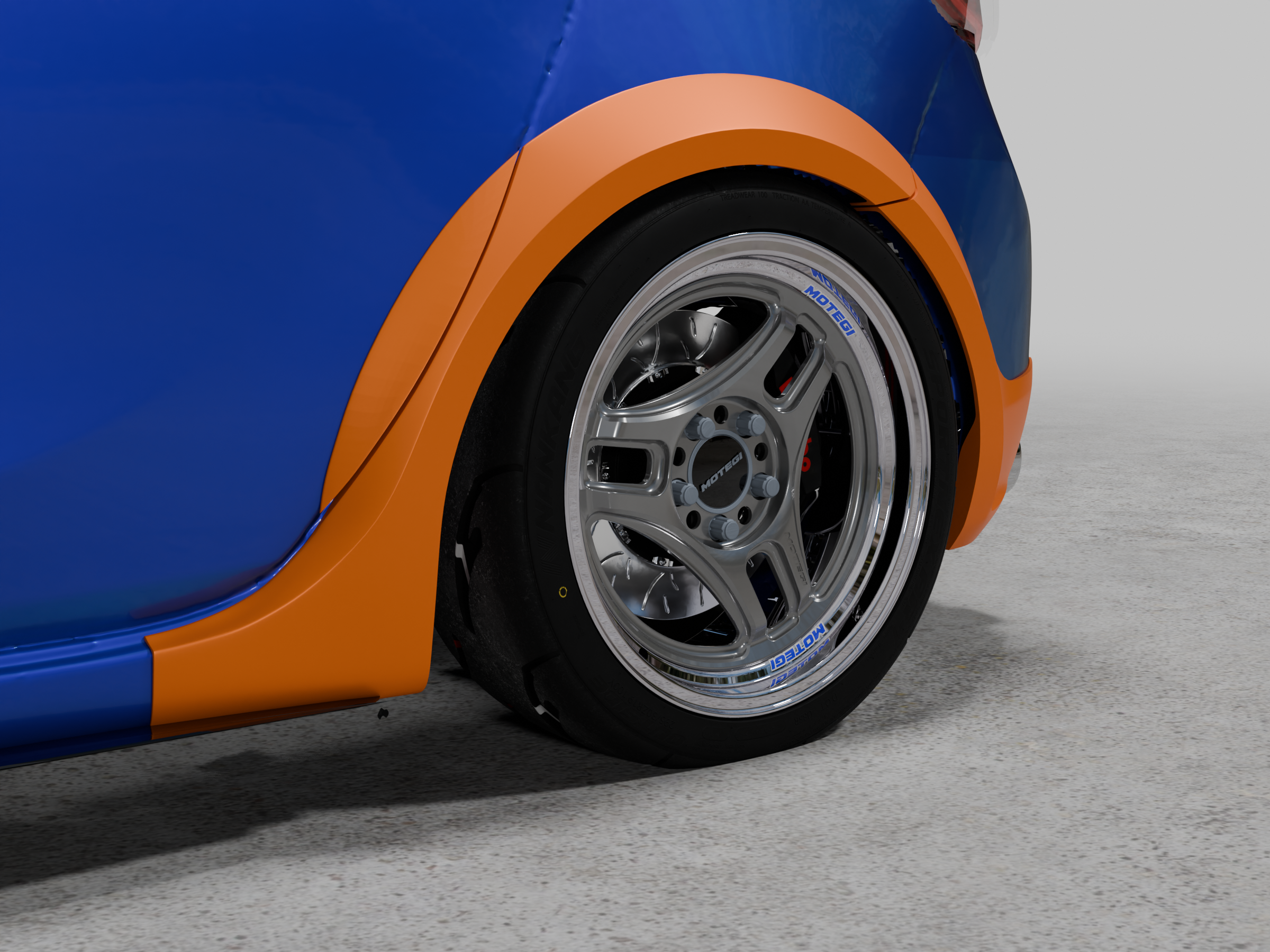 Angled render of the widebody fender flare profile over the wheel on a Mazdaspeed3 BL