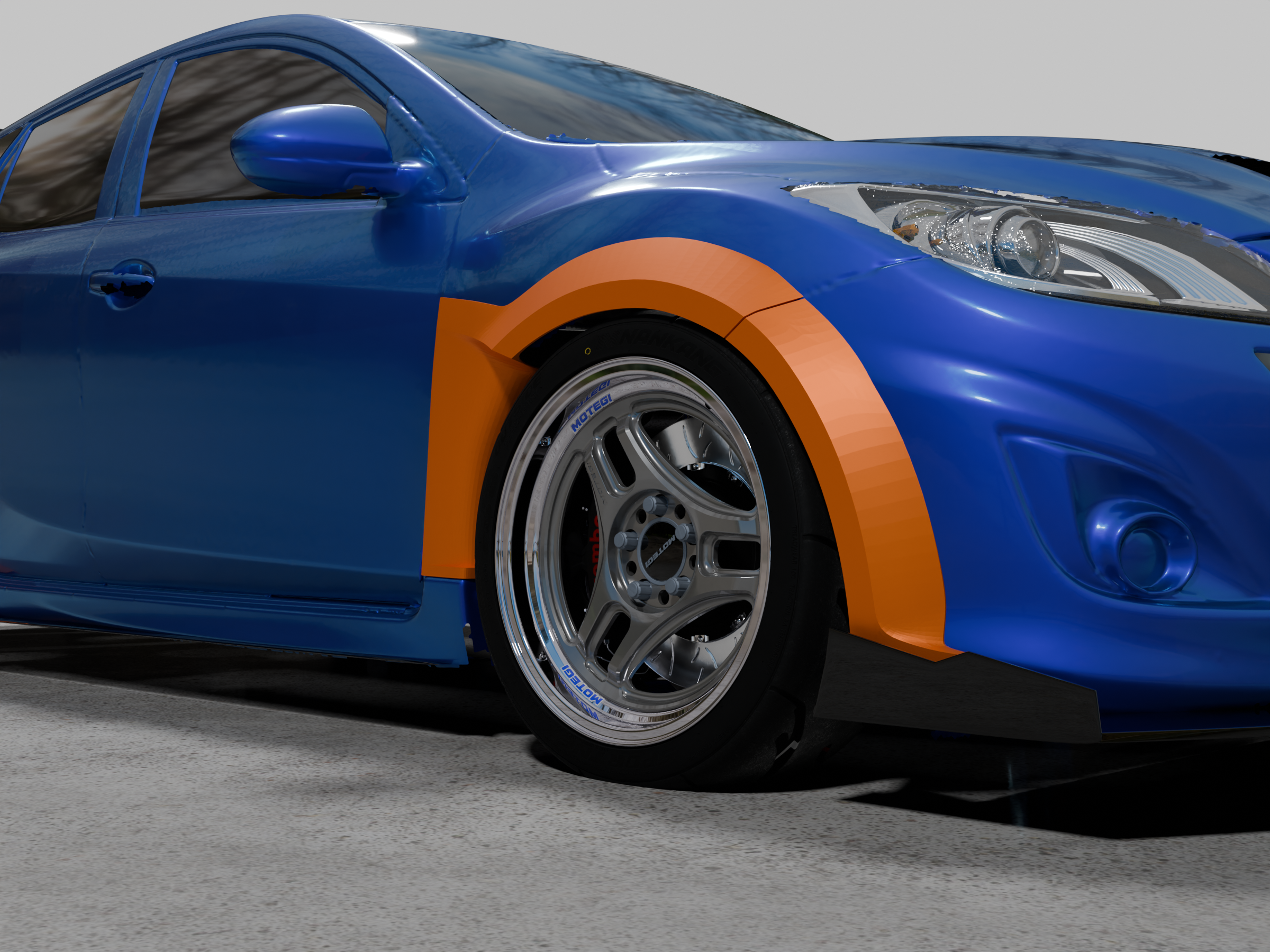 Close render of the front widebody fender flare and wheel clearance on a Mazdaspeed3 BL