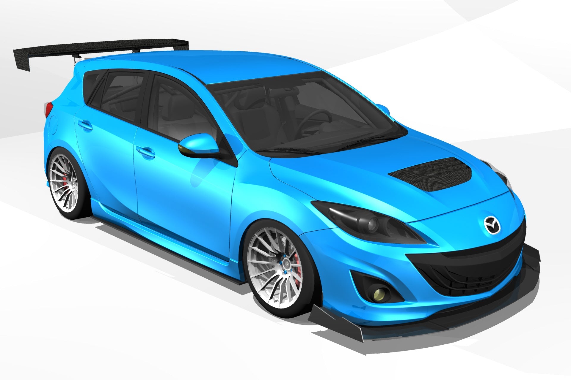 Front three-quarter 3D render of a blue Mazdaspeed3 Gen2 with GT wing fitment