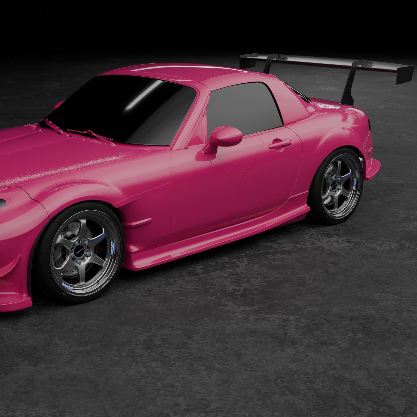 Pink Mazda MX-5 Miata NC with the full Epsilon+ aero kit, hardtop and rear wing